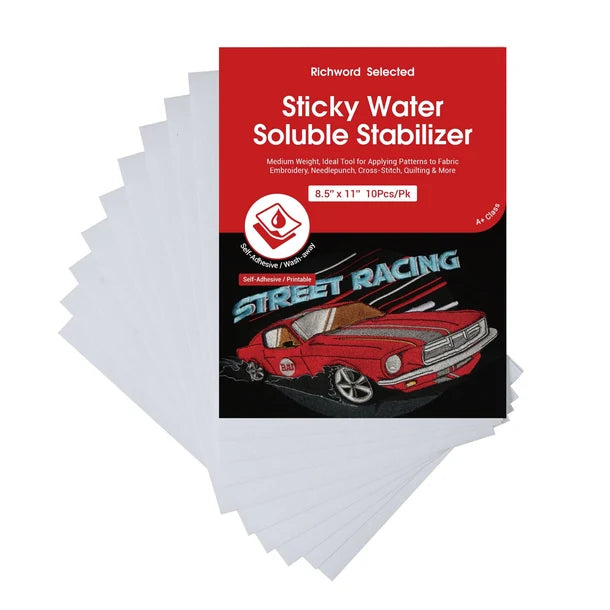 PooLin Sticky Water Soluble Stabilizer Paper 8.5" x 11" Sticky & Wash-Away Embroidery Backing 10 Sheets