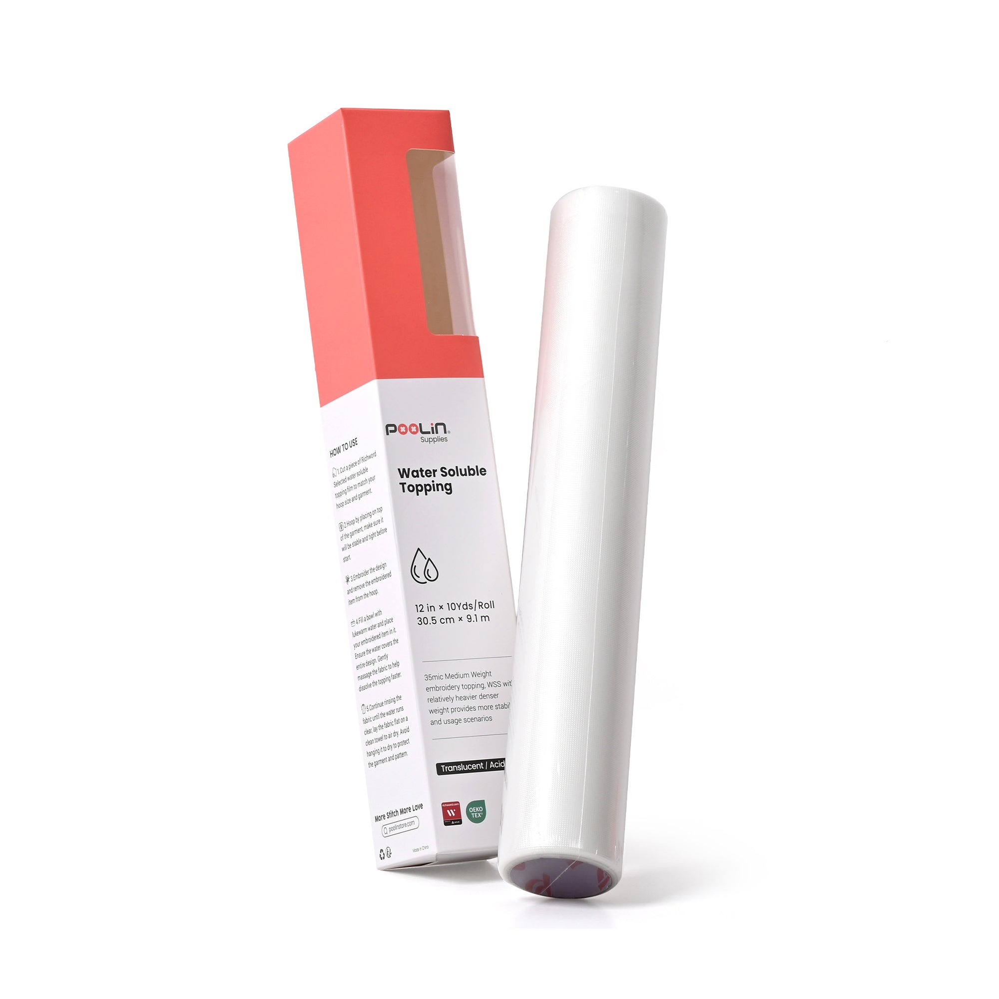 PooLin Wash Away Water Soluble Embroidery Topping Film Roll 12in x 25Yards 35μm 1pc
