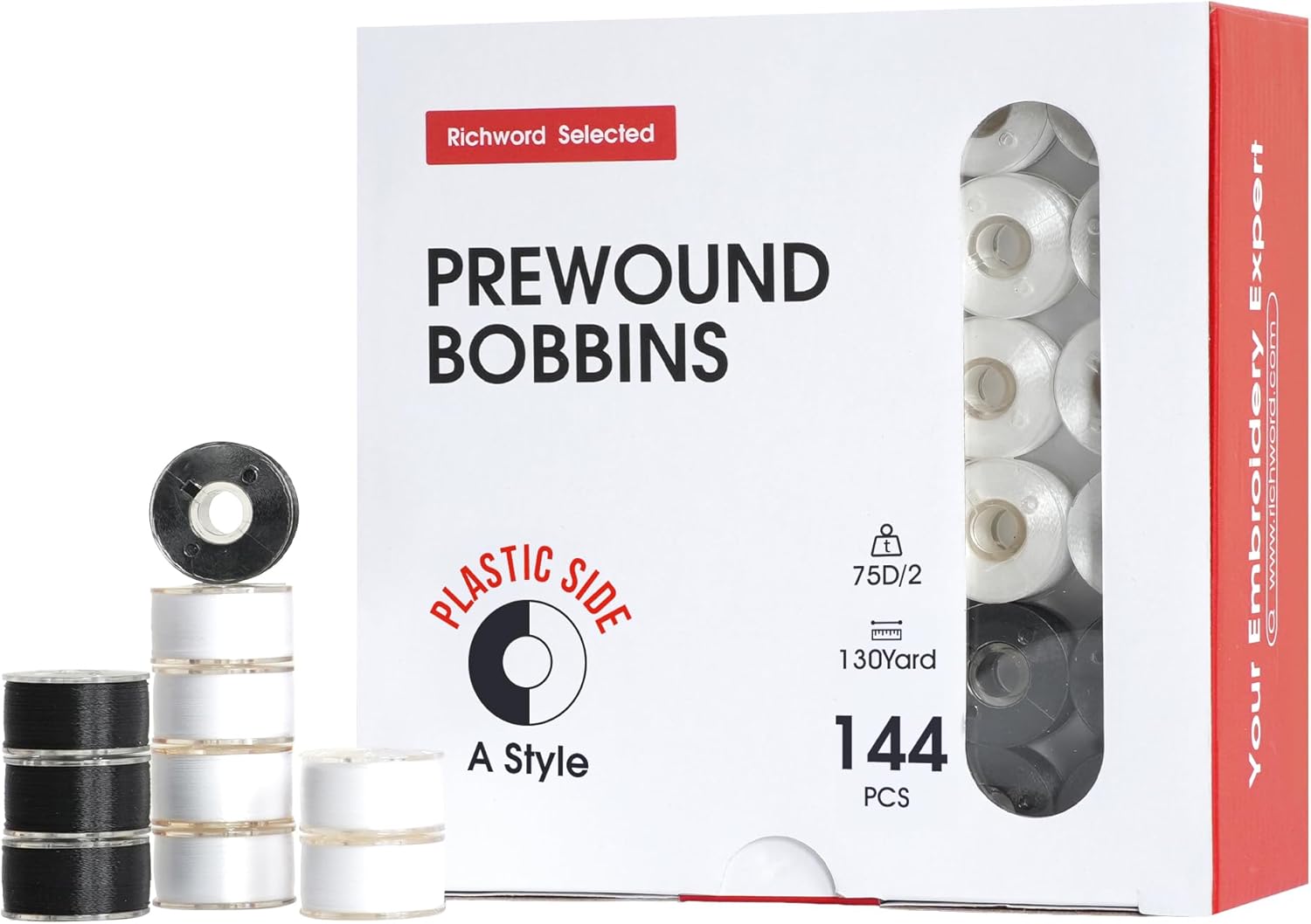 Poolin Prewound Bobbins Richword Selected 144pcs, Size A (Class 15 / SA156), 75D Polyester Bobbin Thread, Plastic Sided, for Single Needle Embroidery & Sewing Machines, 108pcs White+36pcs Black