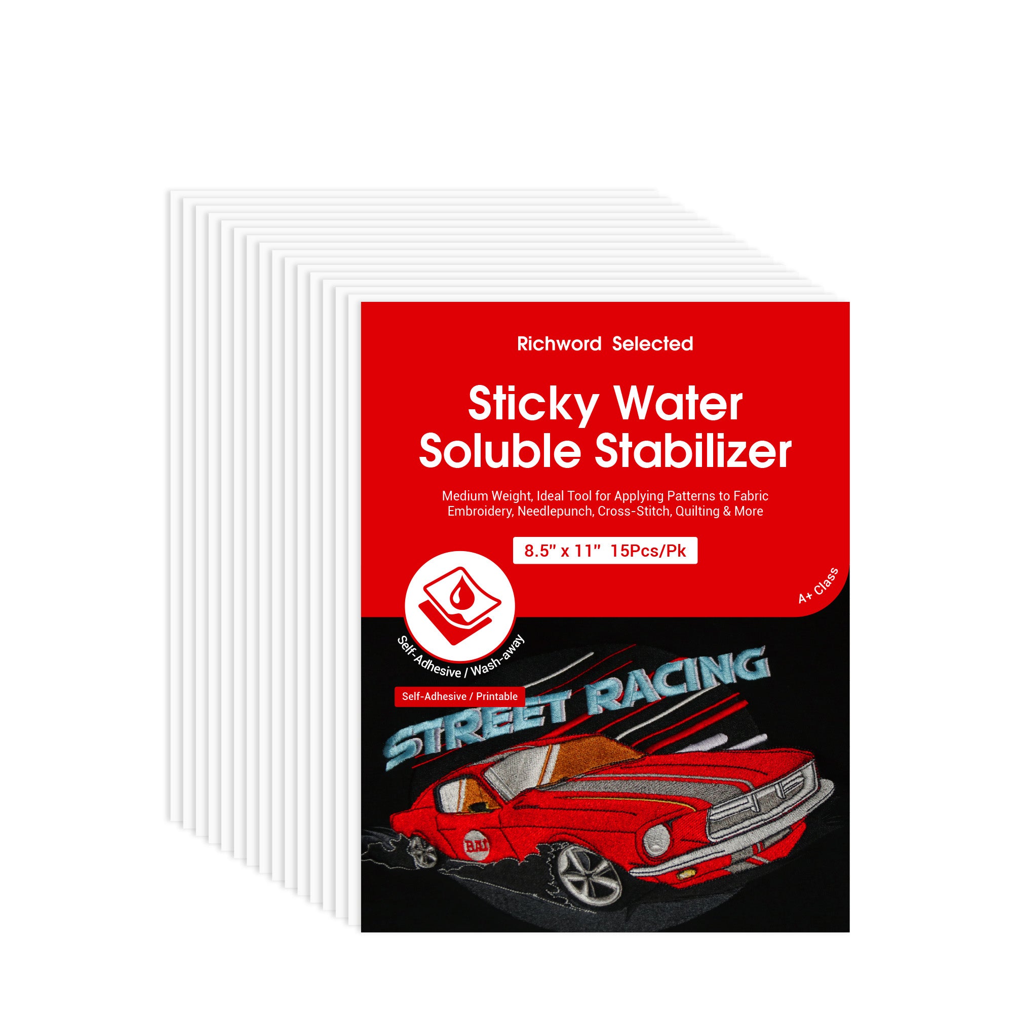 PooLin Printable Water Soluble Stabilizer Paper 8.5" x 11" Sticky & Wash-Away Embroidery Backing 15 Sheets for Machine & Hand Embroidery