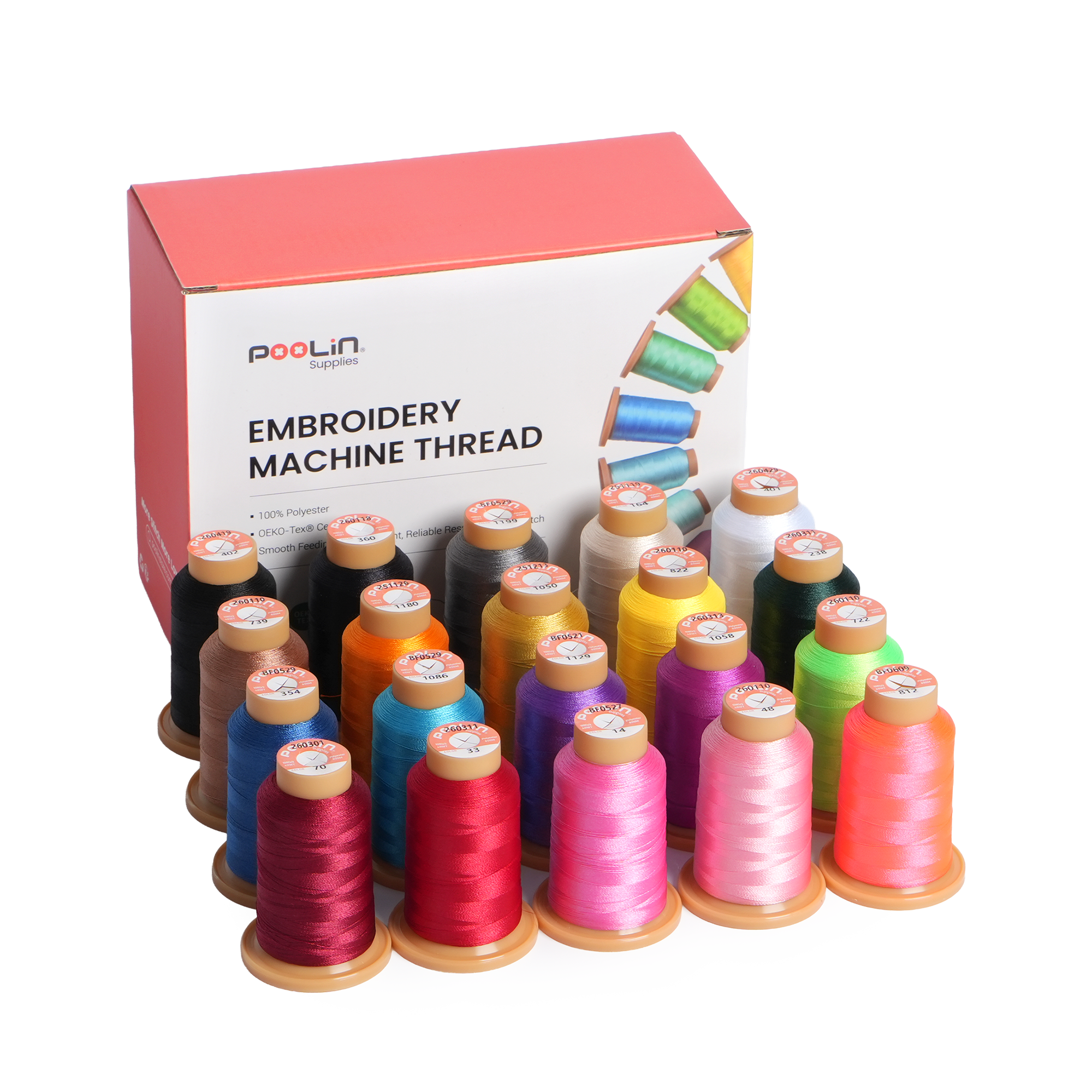PooLin Embroidery Thread Set 20 Colors 800m 108D/2 40WT Polyester Thread