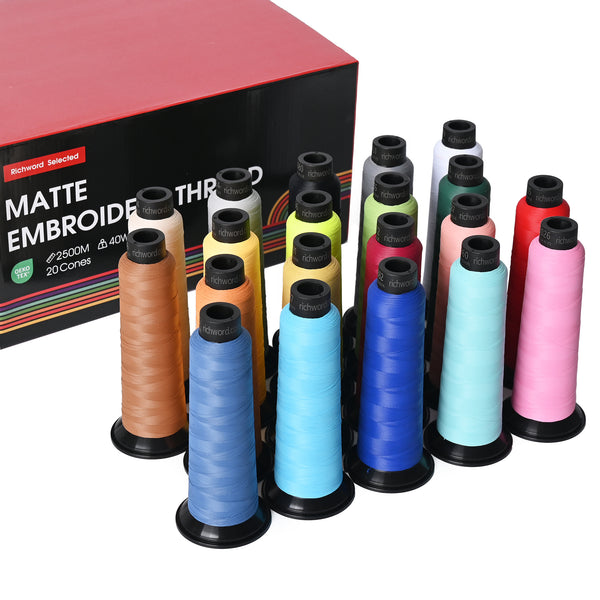 PooLin Matte Embroidery Thread Set, 20 Colors, 20 Rolls, 2500m 120D/2 40WT Polyester Thread