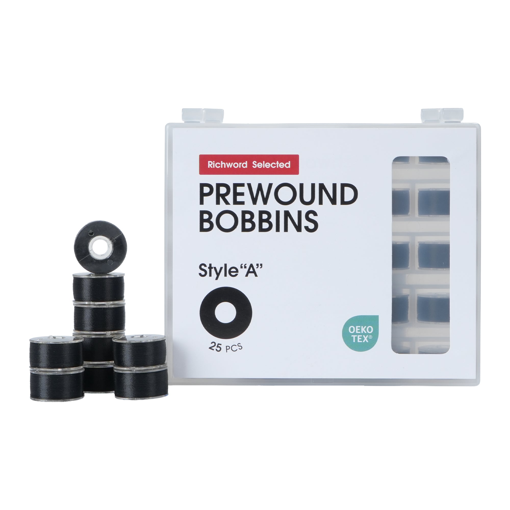 Poolin Prewound Bobbins Richword Selected Black 25pcs Size A Bobbins, Plastic Sided, 70D/2(60WT) Polyester Bobbin Thread for Single Needle Embroidery and Sewing Machine