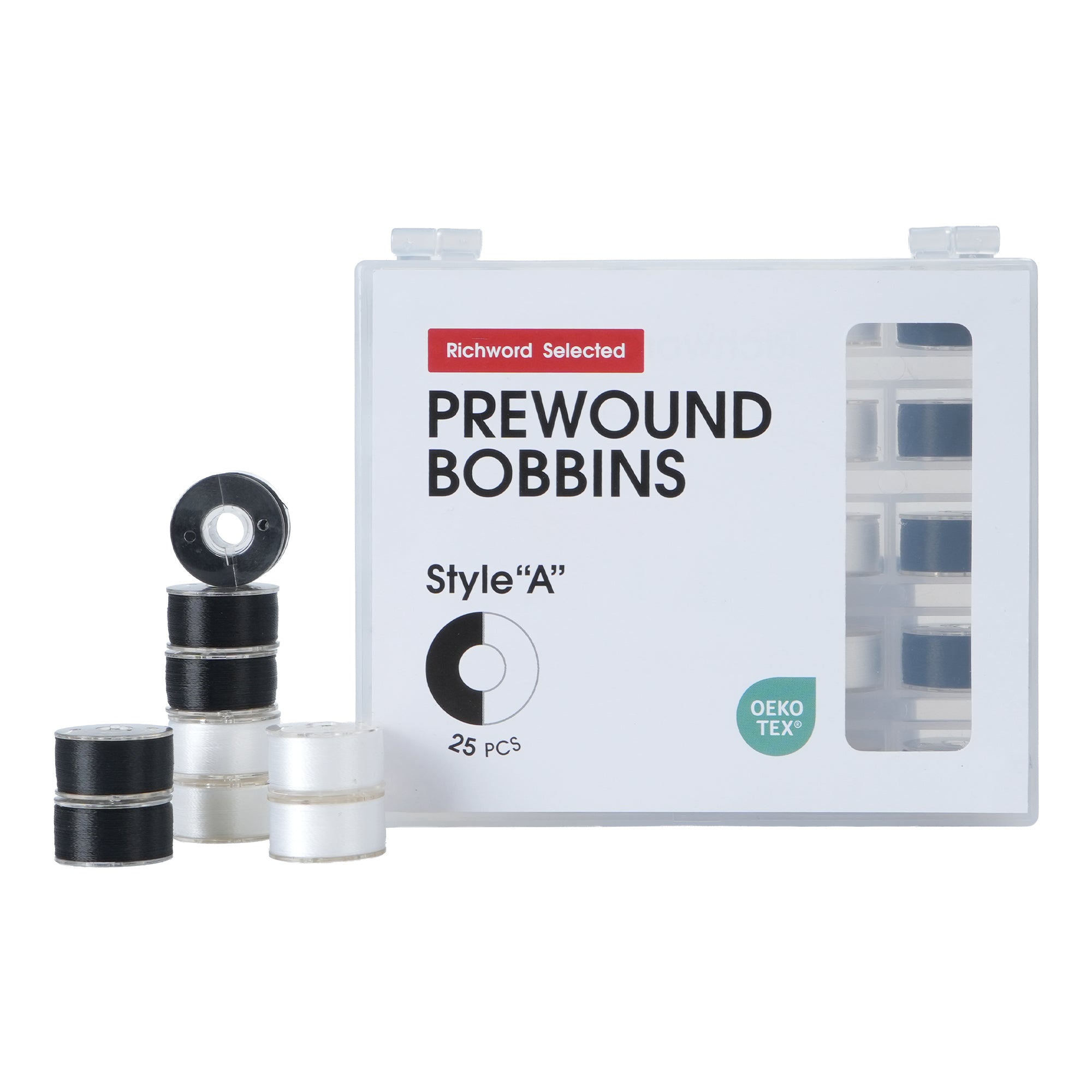 Poolin Prewound Bobbins Richword Selected 25PCS White+Black Size A, Plastic Sided, 70D/2(60WT) Polyester Bobbin Thread for Single Needle Embroidery and Sewing Machine