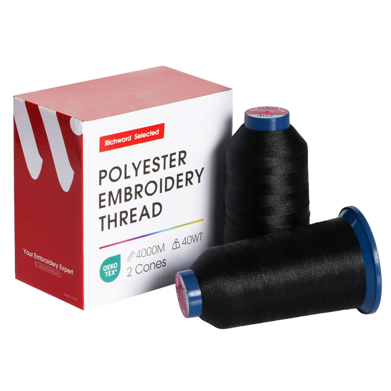 PooLin Polyester Embroidery Thread Set 2 Rolls Black 4000m 40WT 4374Y