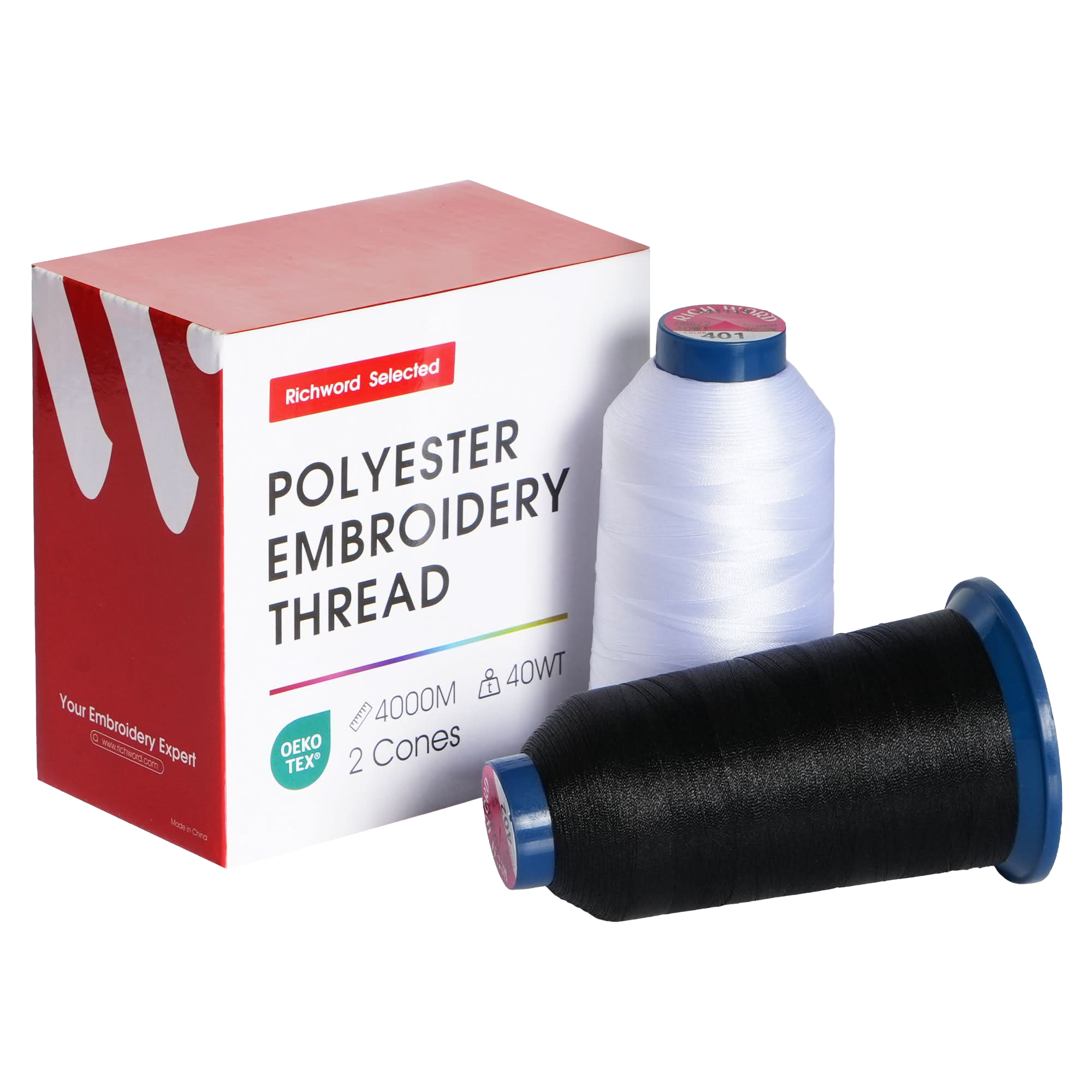PooLin Polyester Embroidery Thread Set 2 Rolls White & Black 4000m 40WT 4374Y
