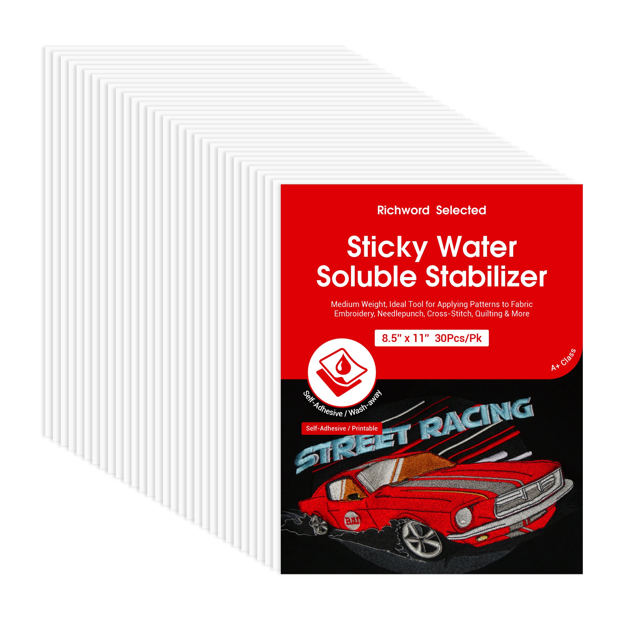 PooLin Printable Water Soluble Stabilizer Paper 8.5" x 11" Sticky & Wash-Away Embroidery Backing 30 Sheets for Machine & Hand Embroidery
