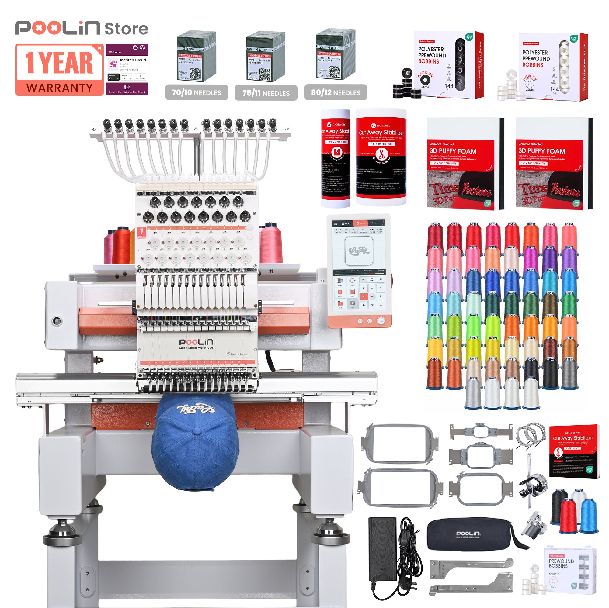 PooLin EOV 15-Needle Commercial Embroidery Machine Built for Hats. Made for More.