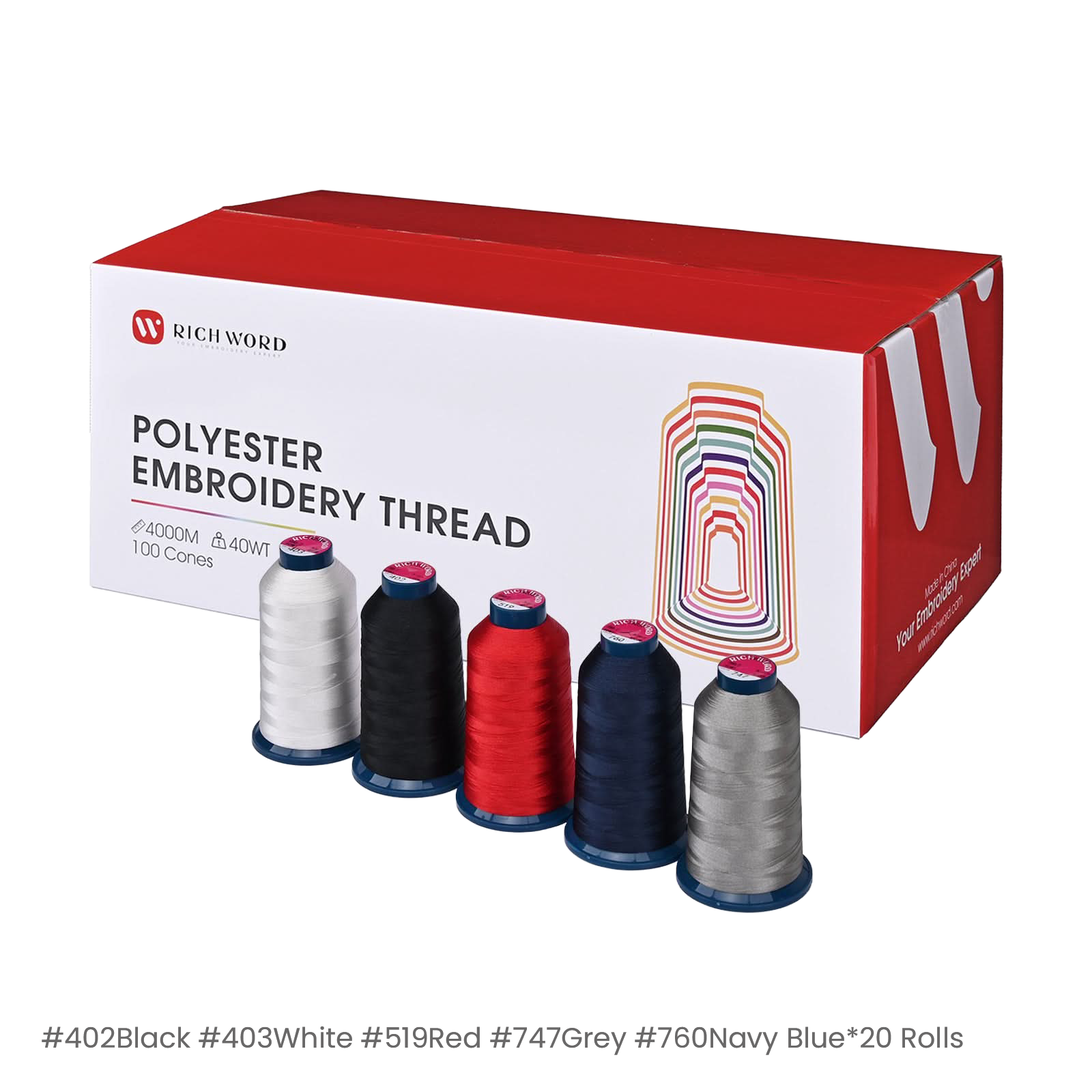 PooLin Polyester Embroidery Thread Set 100 Rolls 5 Colors Black White Red Grey Blue 4000m 108D/2 40WT