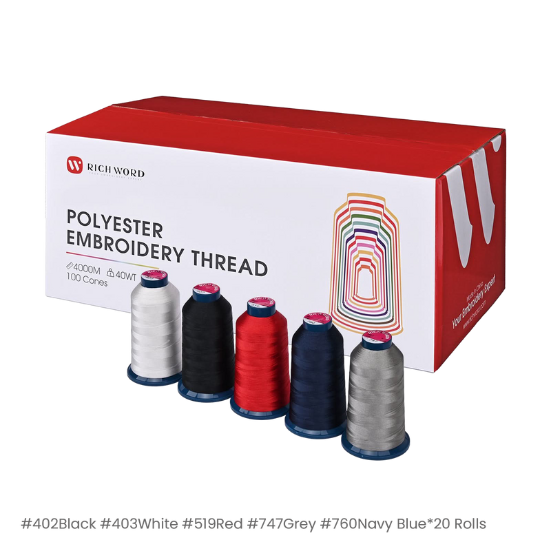 PooLin Polyester Embroidery Thread Set 100 Rolls 5 Colors Black White Red Grey Blue 4000m 108D/2 40WT