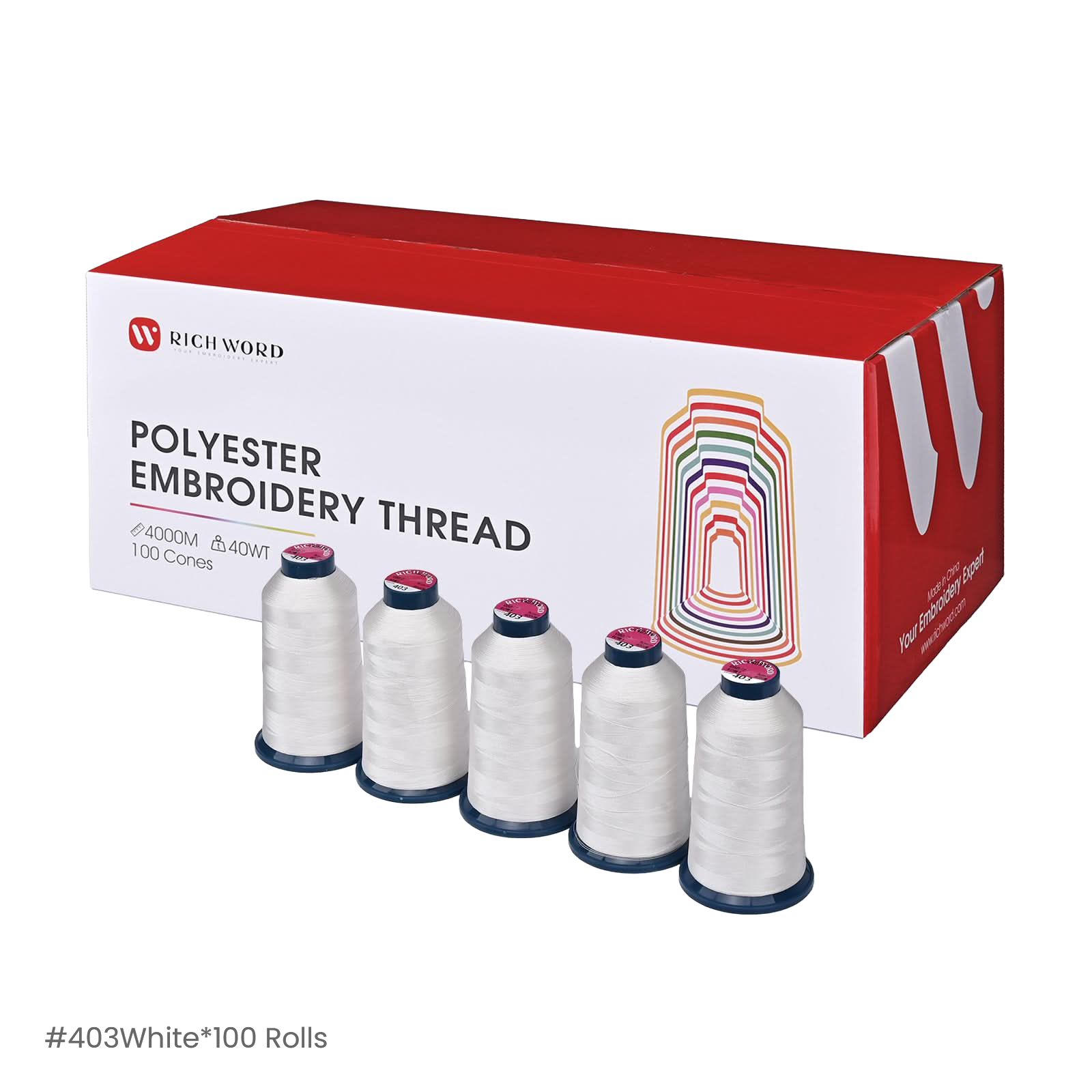 PooLin Polyester Embroidery Thread Set 100 Rolls White 403 4000m 108D/2 40WT