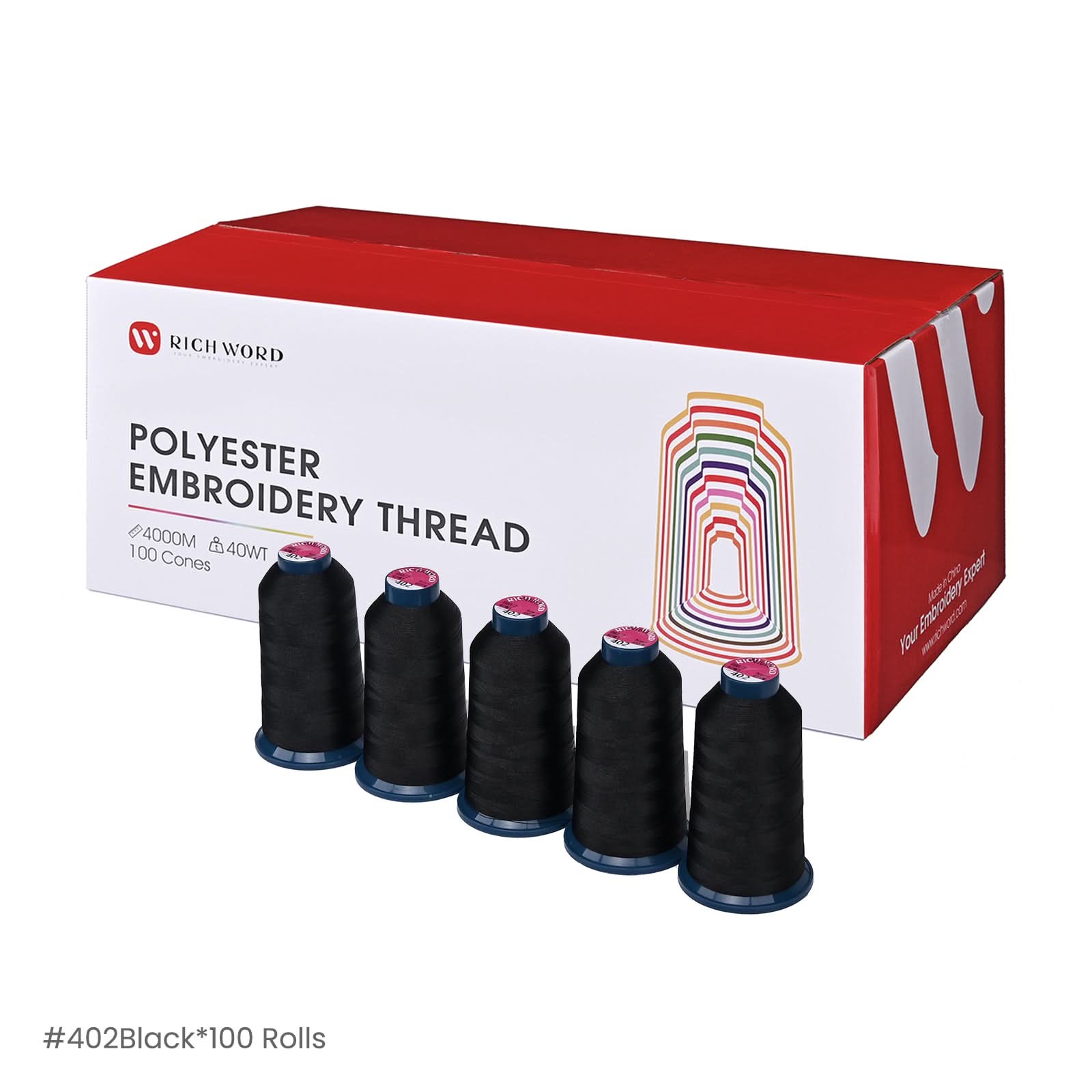 PooLin Polyester Embroidery Thread Set 100 Rolls Black 402 4000m 108D/2 40WT