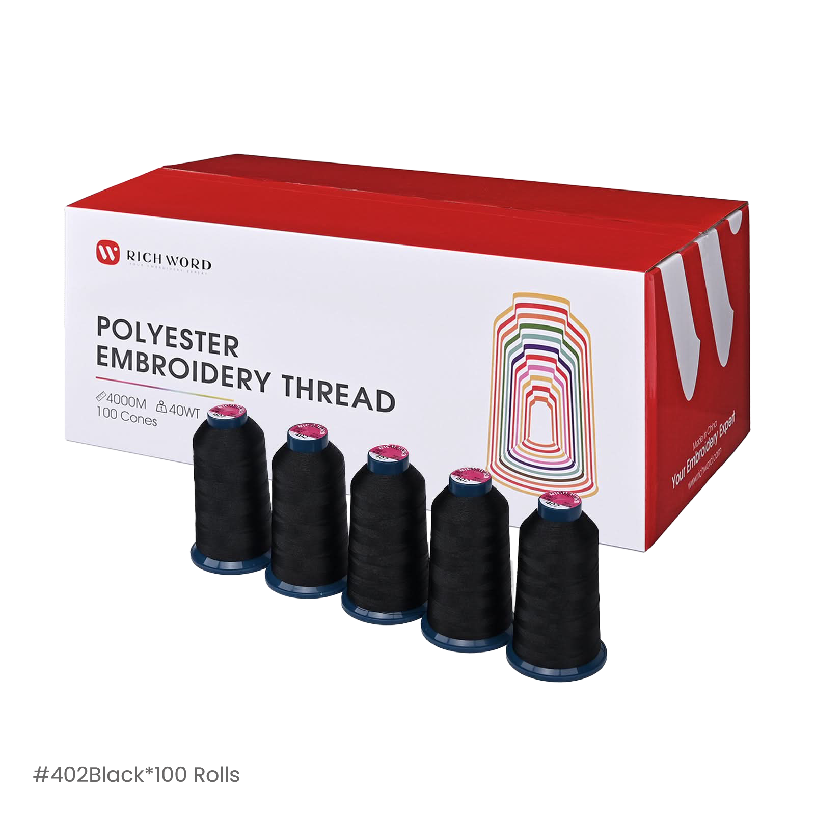 PooLin Polyester Embroidery Thread Set 100 Rolls Black 402 4000m 108D/2 40WT