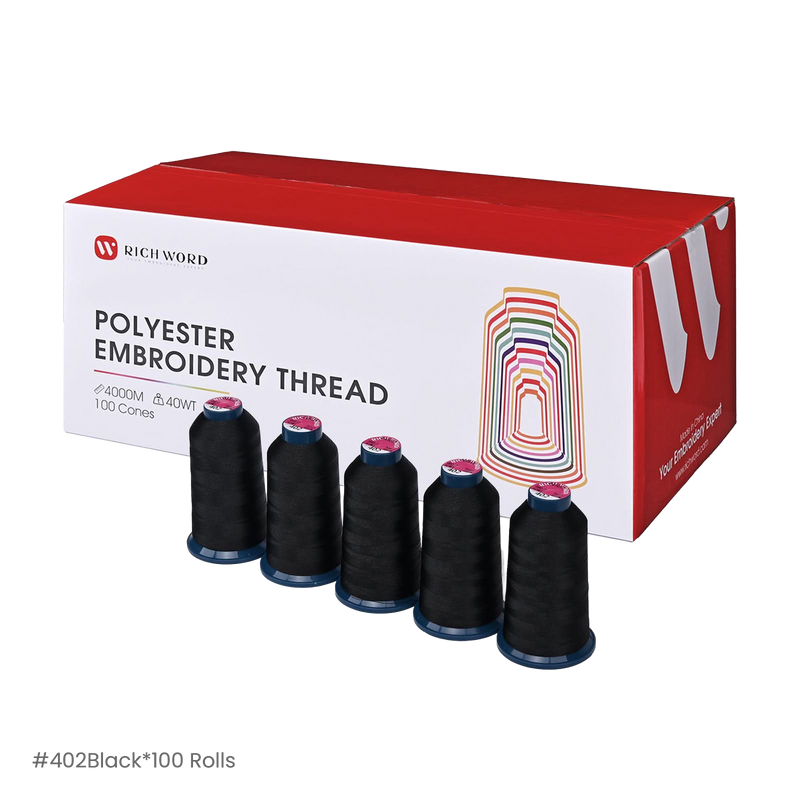 PooLin Polyester Embroidery Thread Set 100 Rolls Black 402 4000m 108D/2 40WT