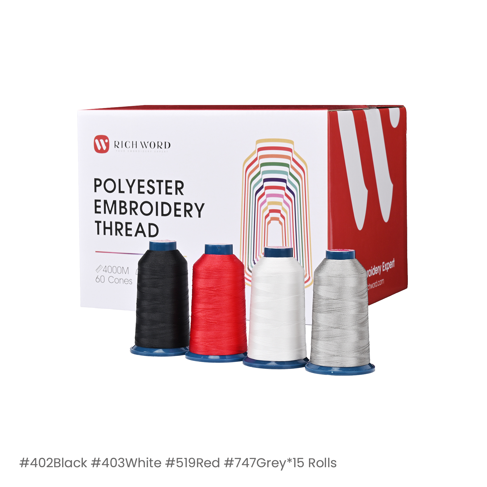PooLin Polyester Embroidery Thread Set 60 Rolls 4 Colors Black White Red Grey 4000m 108D/2 40WT