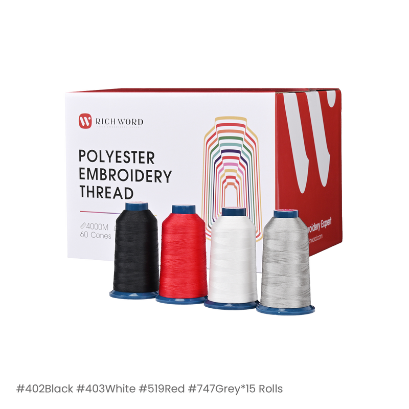 PooLin Polyester Embroidery Thread Set 60 Rolls 4 Colors Black White Red Grey 4000m 108D/2 40WT