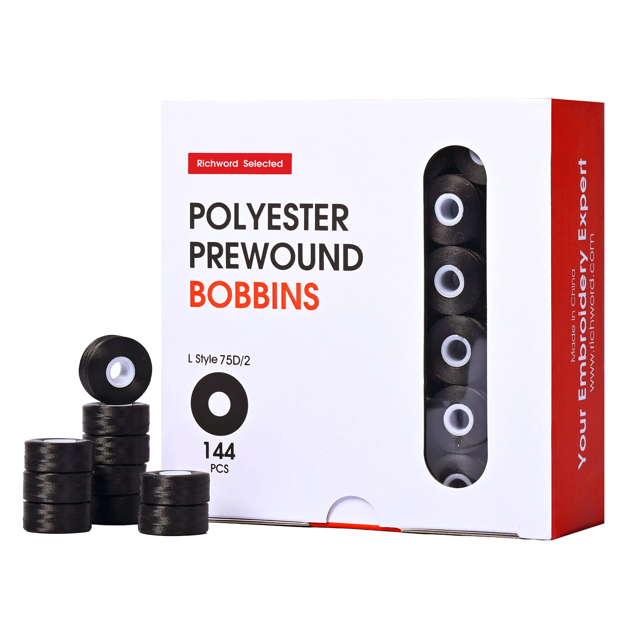 Poolin Prewound Bobbins Richword Selected 144pcs (Style L) Sideless, 75D/2 (60WT) Polyester Bobbin Thread for Commercial Multi-Needle Embroidery Machines, Black