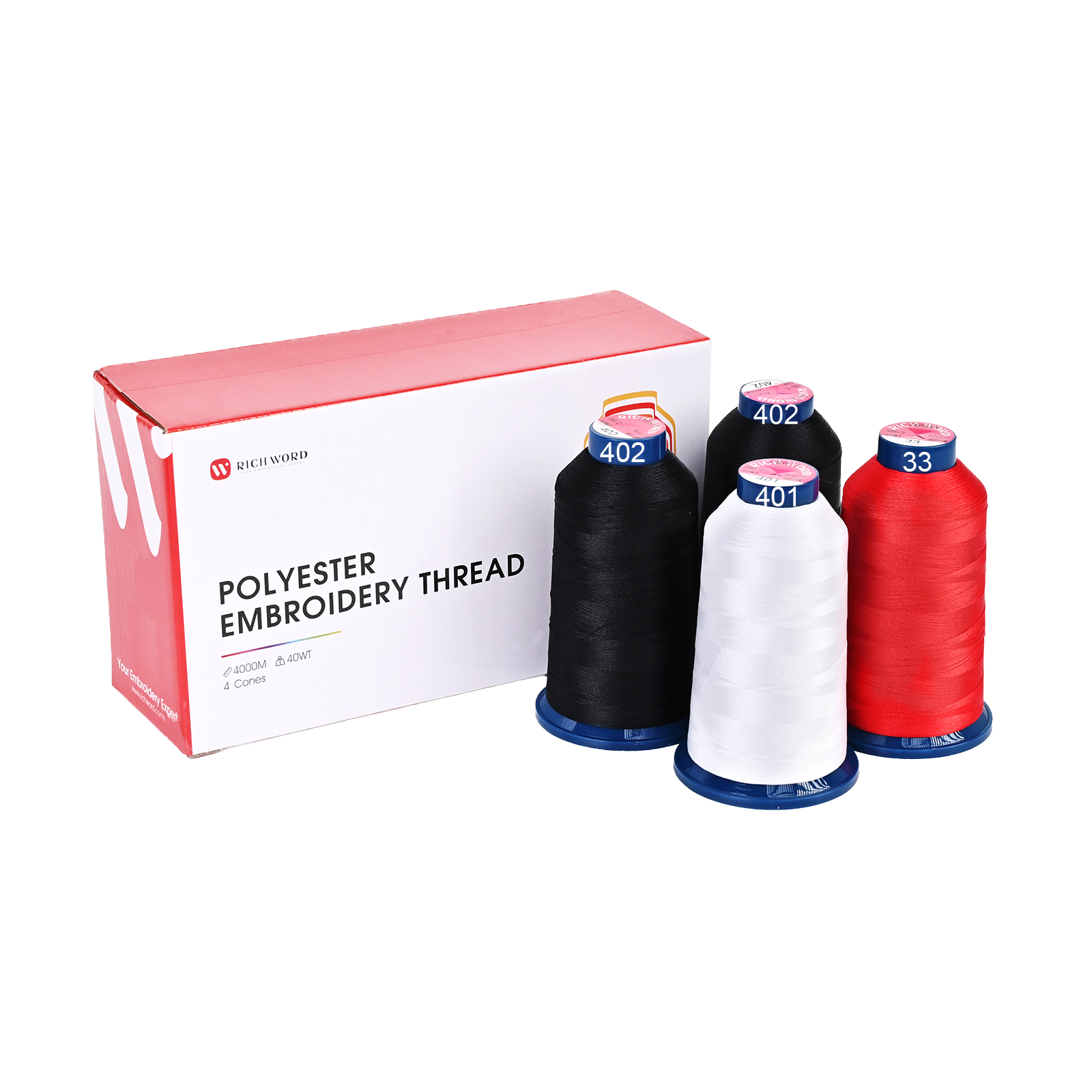 PooLin Polyester Embroidery Thread Set 4-Pack Black White Red 4000m 108D/2 40WT