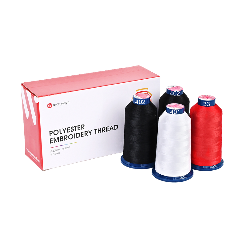 4000m* 4 pack 2 Black, White and Red 108D/2 40wt Richword Polyester Embroidery Thread / Sewing Thread