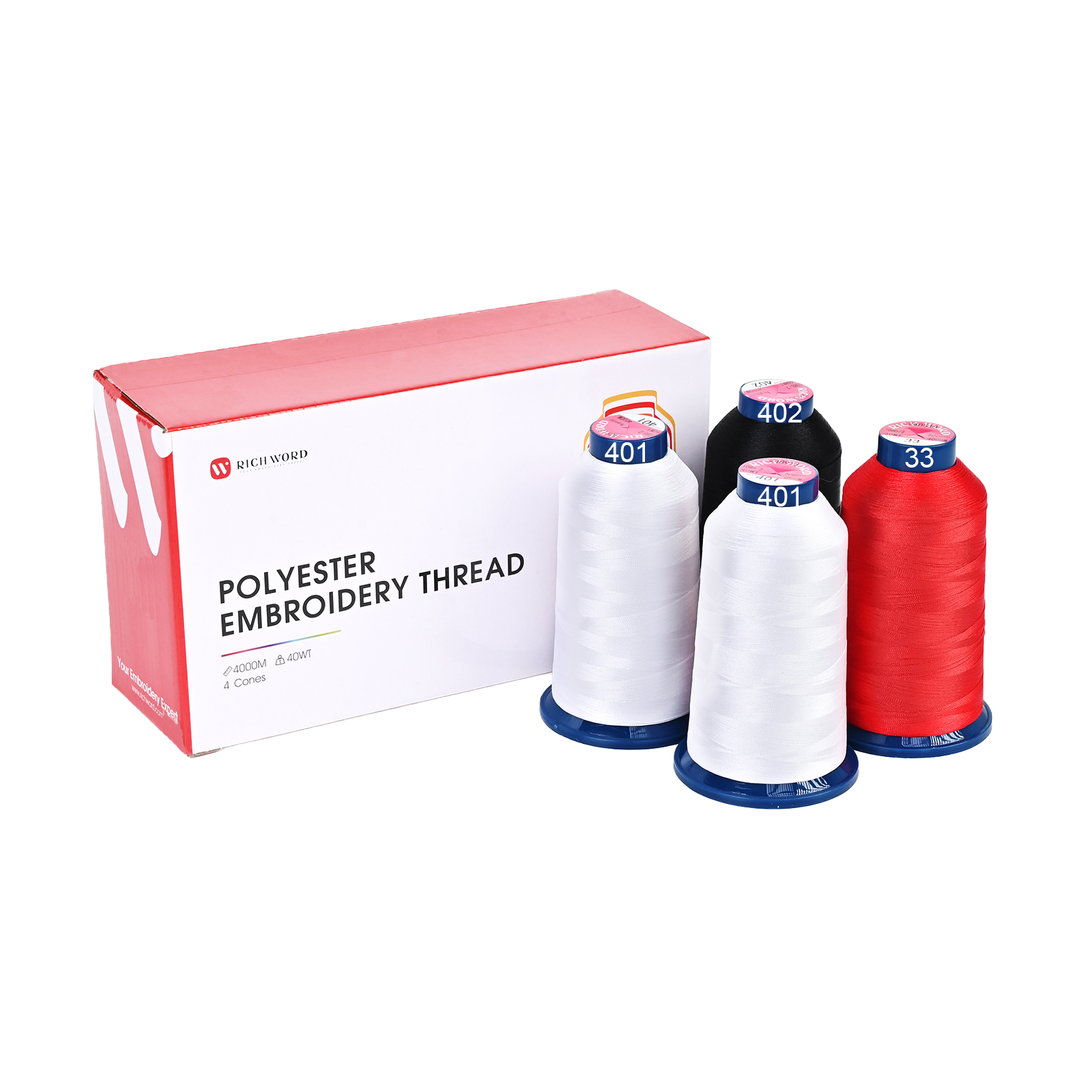 PooLin Polyester Embroidery Thread Set 4-Pack White Black Red 4000m 108D/2 40WT