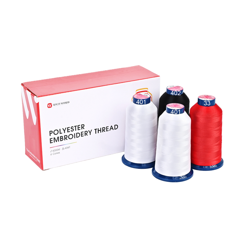 PooLin Polyester Embroidery Thread Set 4-Pack White Black Red 4000m 108D/2 40WT