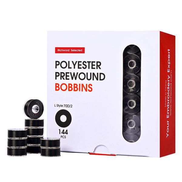 Poolin Prewound Bobbins Richword Selected 144pcs (Style L) Plastic Sided, 70D/2 (60WT) Polyester Bobbin Thread for Commercial Multi-Needle Embroidery Machines, Black