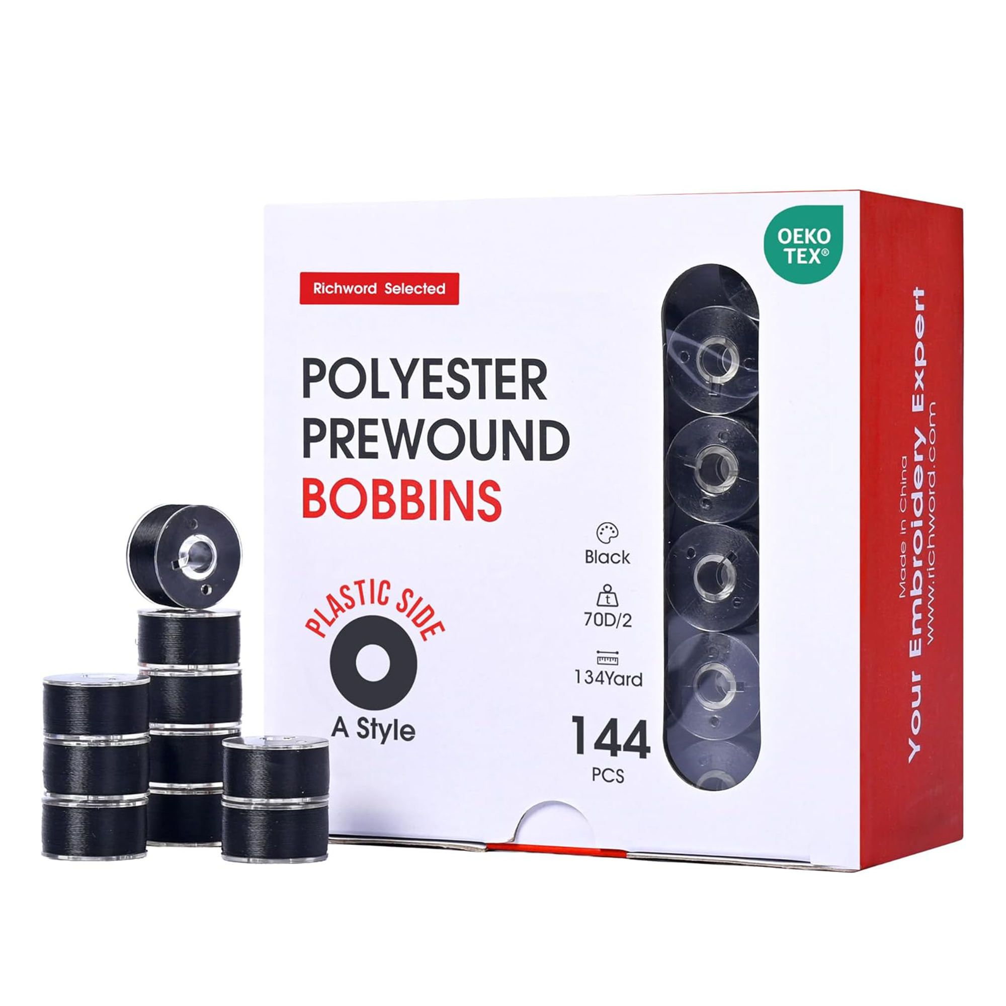 Poolin Style A 70D/2 (60WT) Prewound Bobbins · Black (144 Pcs)