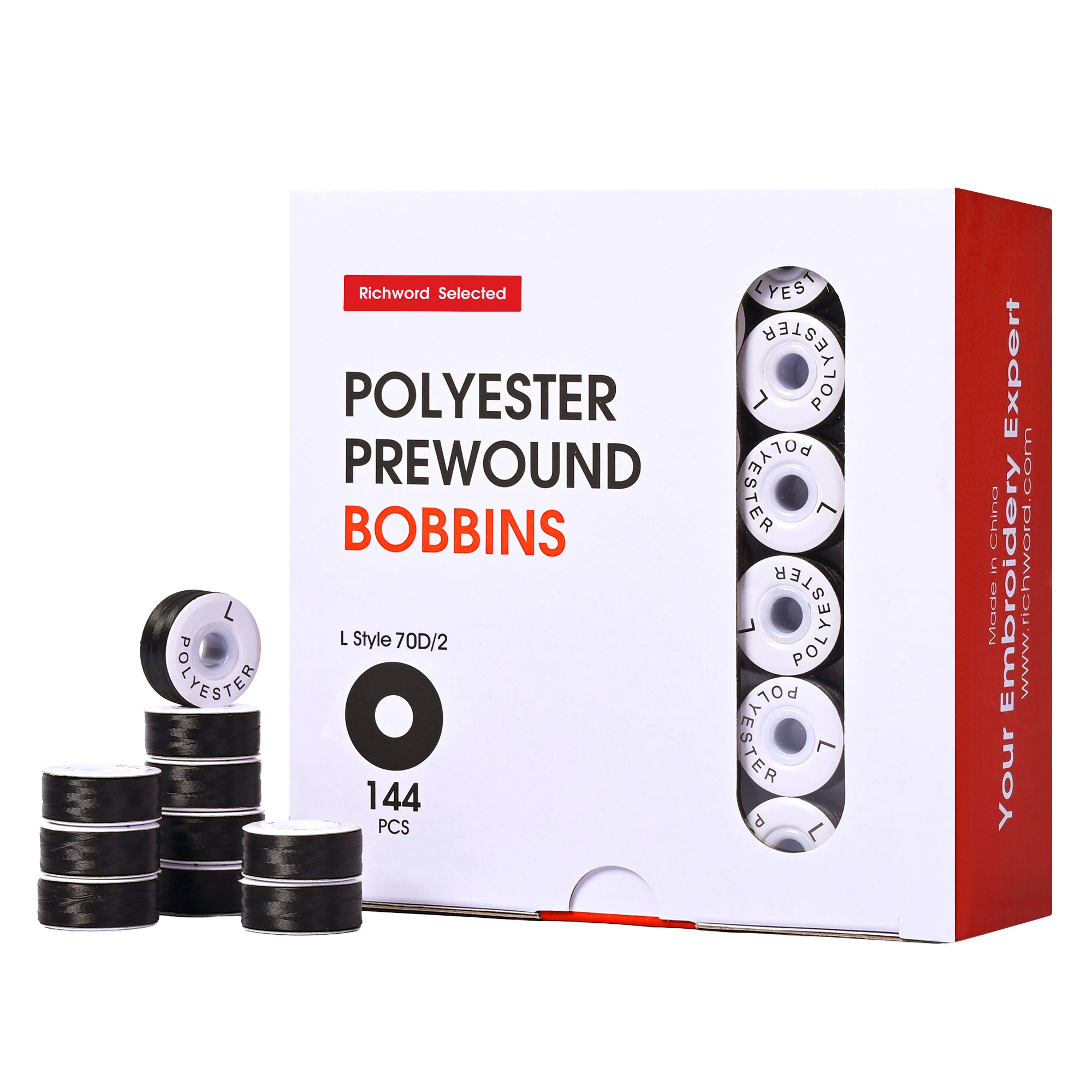 Poolin Prewound Bobbins , SizeL(SA155) , Paper Sided , 70D Polyester Bobbin Thread , 144pcs , Richword Selected , for Commercial Multi Needles Embroidery Machine , Black