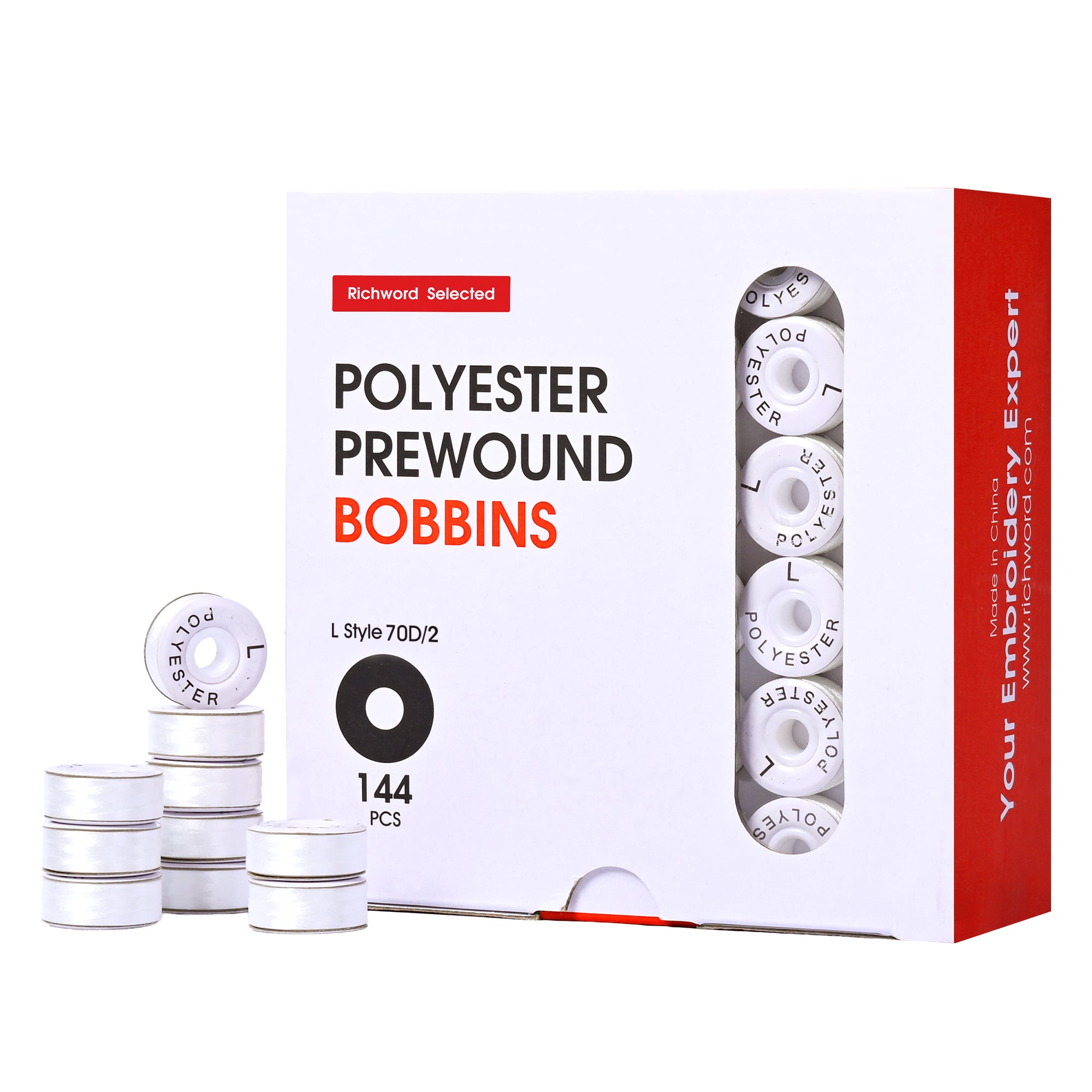 Poolin Prewound Bobbins , SizeL(SA155) , Paper Sided , 70D Polyester Bobbin Thread , 144pcs , Richword Selected , for Commercial Multi Needles Embroidery Machine , White