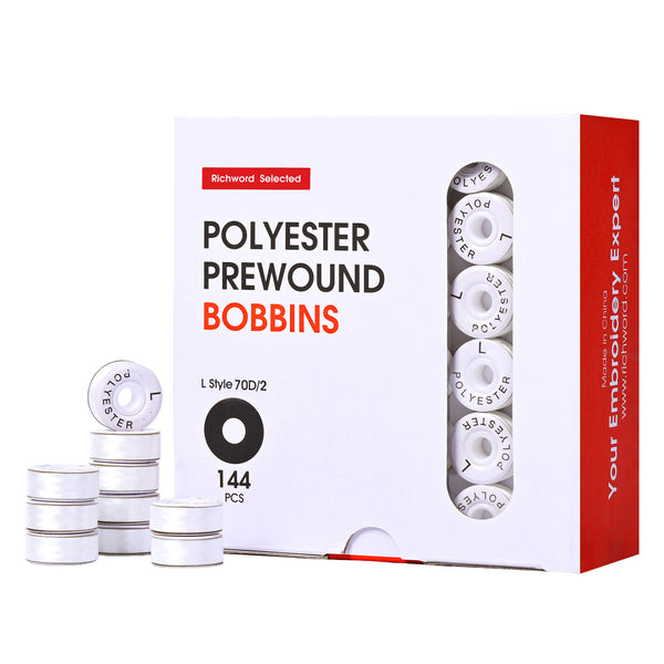Poolin Prewound Bobbins Richword Selected 144pcs (Style L) Paper Sided, 70D/2 (60WT) Polyester Bobbin Thread for Commercial Multi-Needle Embroidery Machines, White