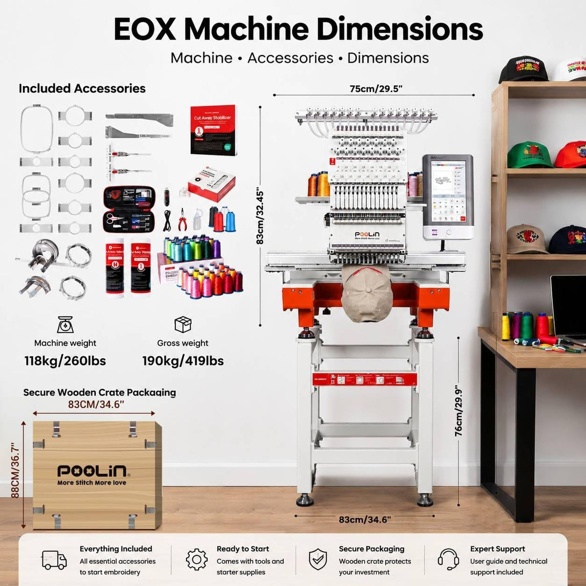 Poolin 15 Needle Commercial Embroidery Machine, 20" x 14" Large Embroidery Area,10" Touchscreen, InStitch OS5 System,270° Cap Embroidery, WiFi & USB, 11 Hoops for Hats, Shirts, Patches and Shoes