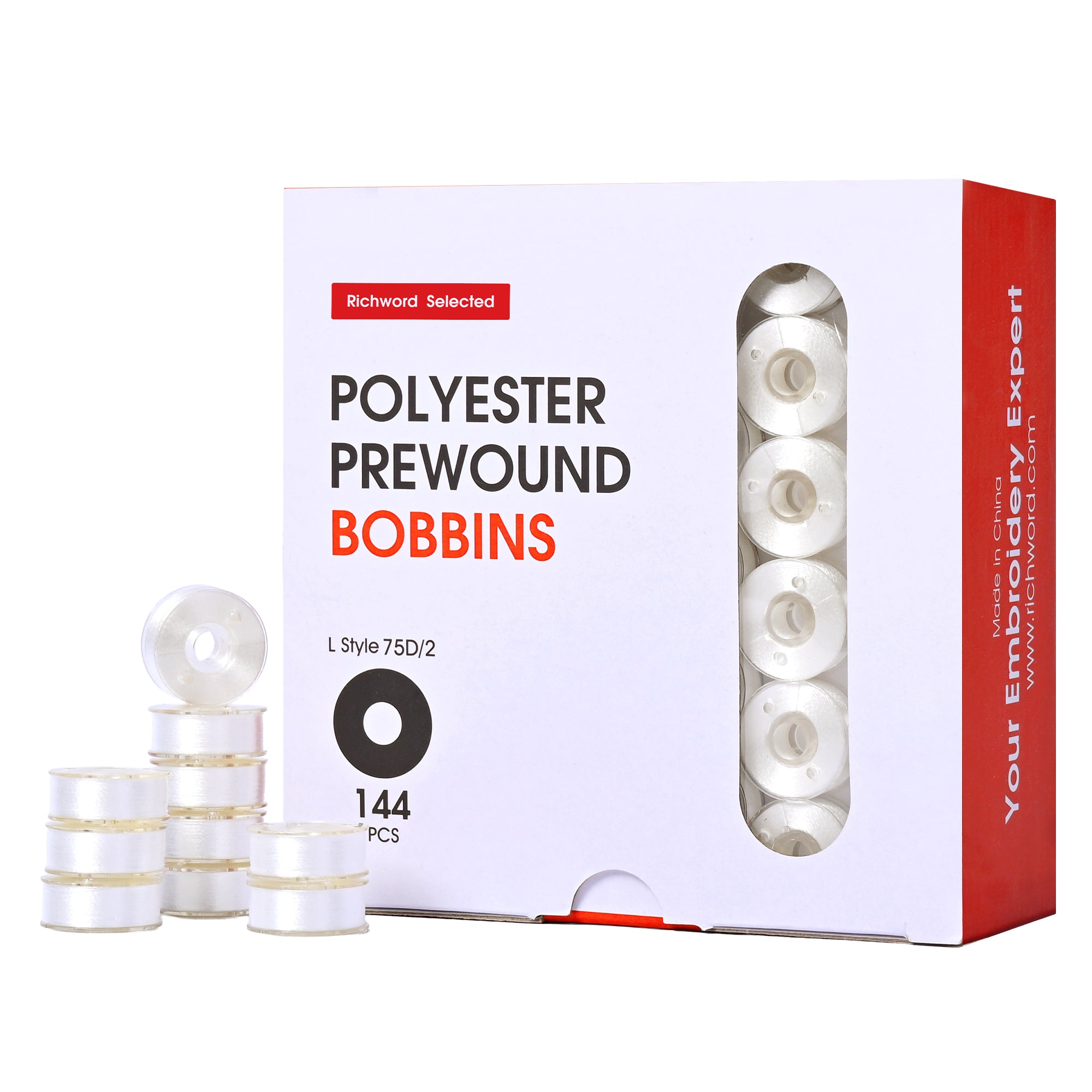 Poolin Prewound Bobbins , SizeL(SA155) , Plastic Sided , 75D Polyester Bobbin Thread , 144pcs , Richword Selected , for Commercial Multi Needles Embroidery Machine , White