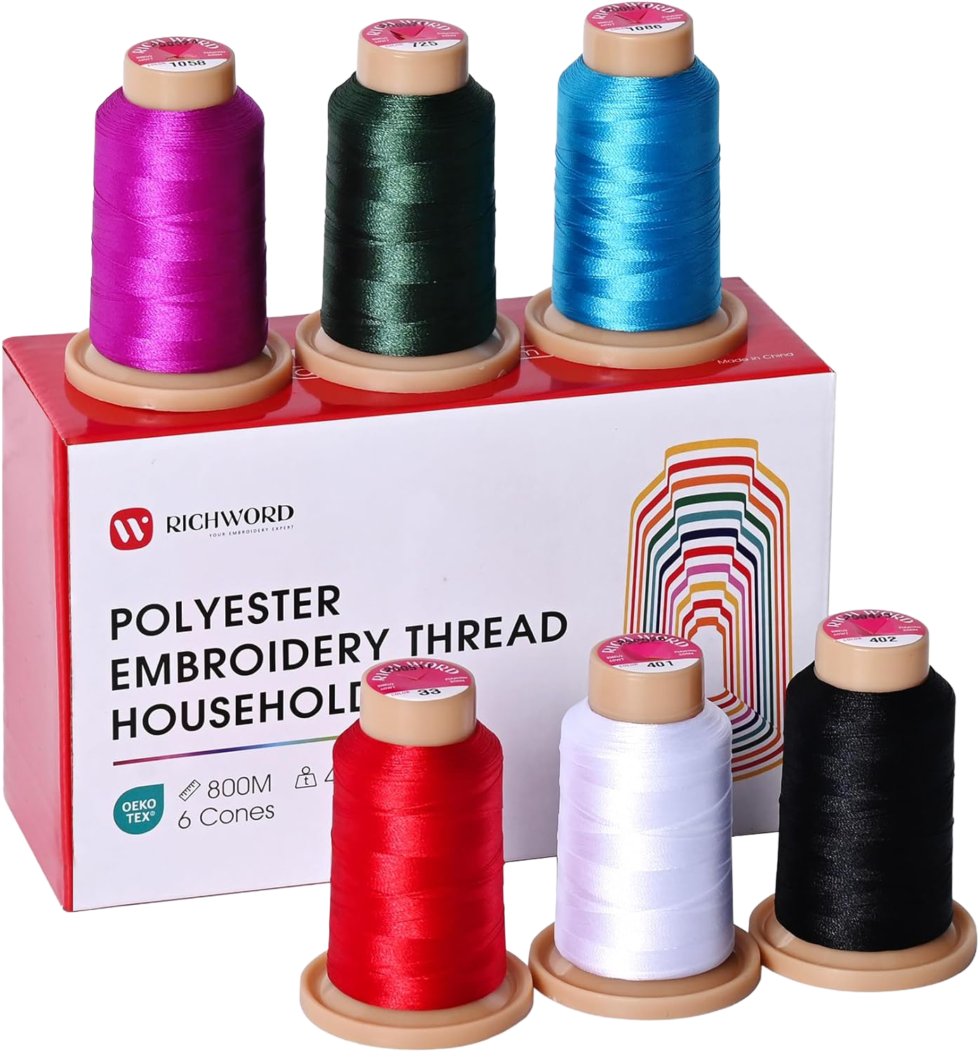 PooLin Embroidery Thread Set 6 Colors 800m 108D/2 40WT Polyester Thread