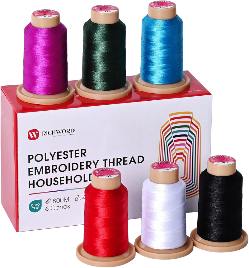 PooLin Embroidery Thread Set 6 Colors 800m 108D/2 40WT Polyester Thread