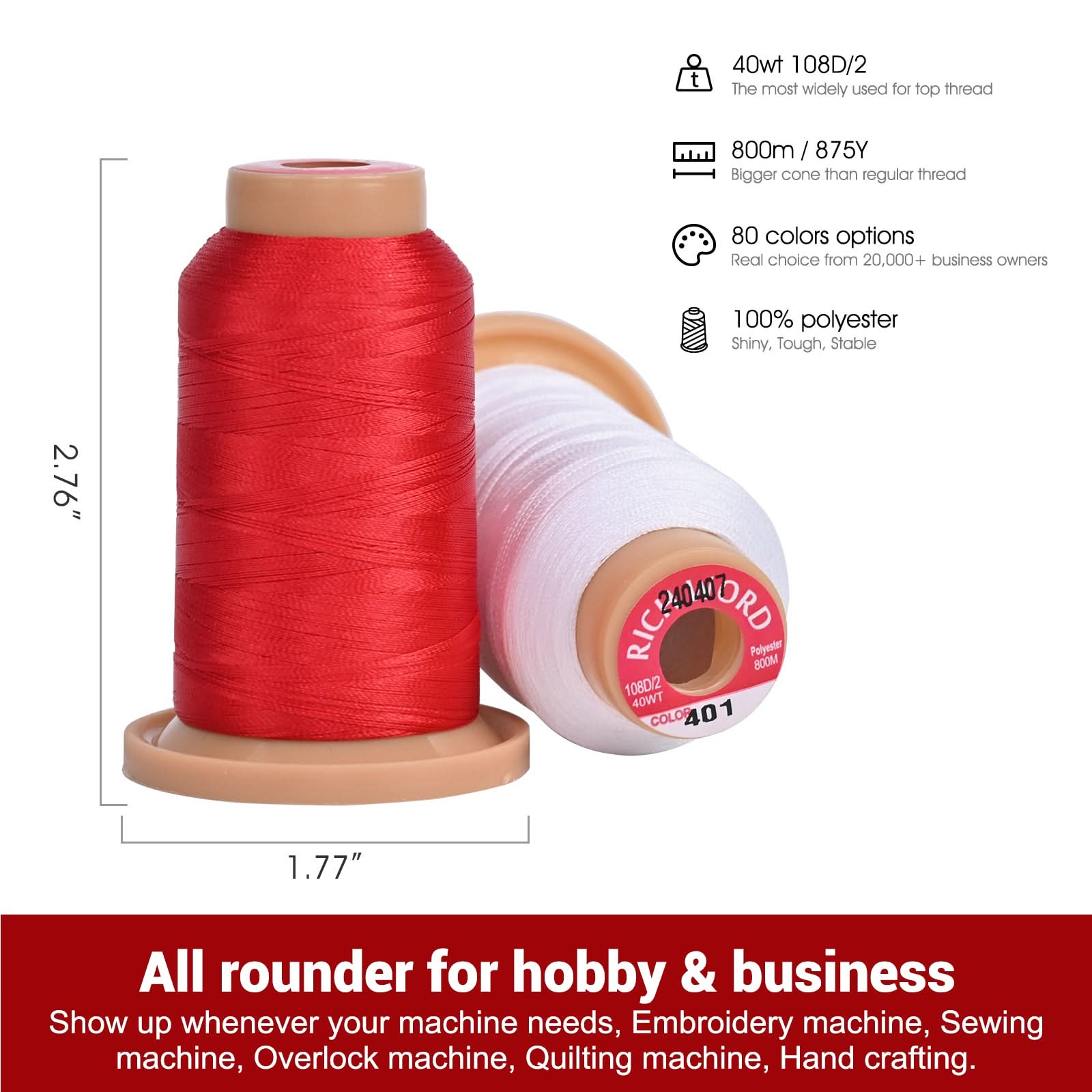 800m*20 colors  Richword 108D/2 40wt Polyester Embroidery Thread / Sewing Thread for household single needle embroidery machine