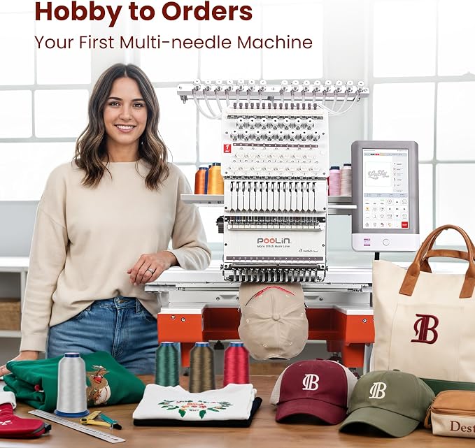 Poolin 15 Needle Commercial Embroidery Machine, 20" x 14" Large Embroidery Area,10" Touchscreen, InStitch OS5 System,270° Cap Embroidery, WiFi & USB, 11 Hoops for Hats, Shirts, Patches and Shoes