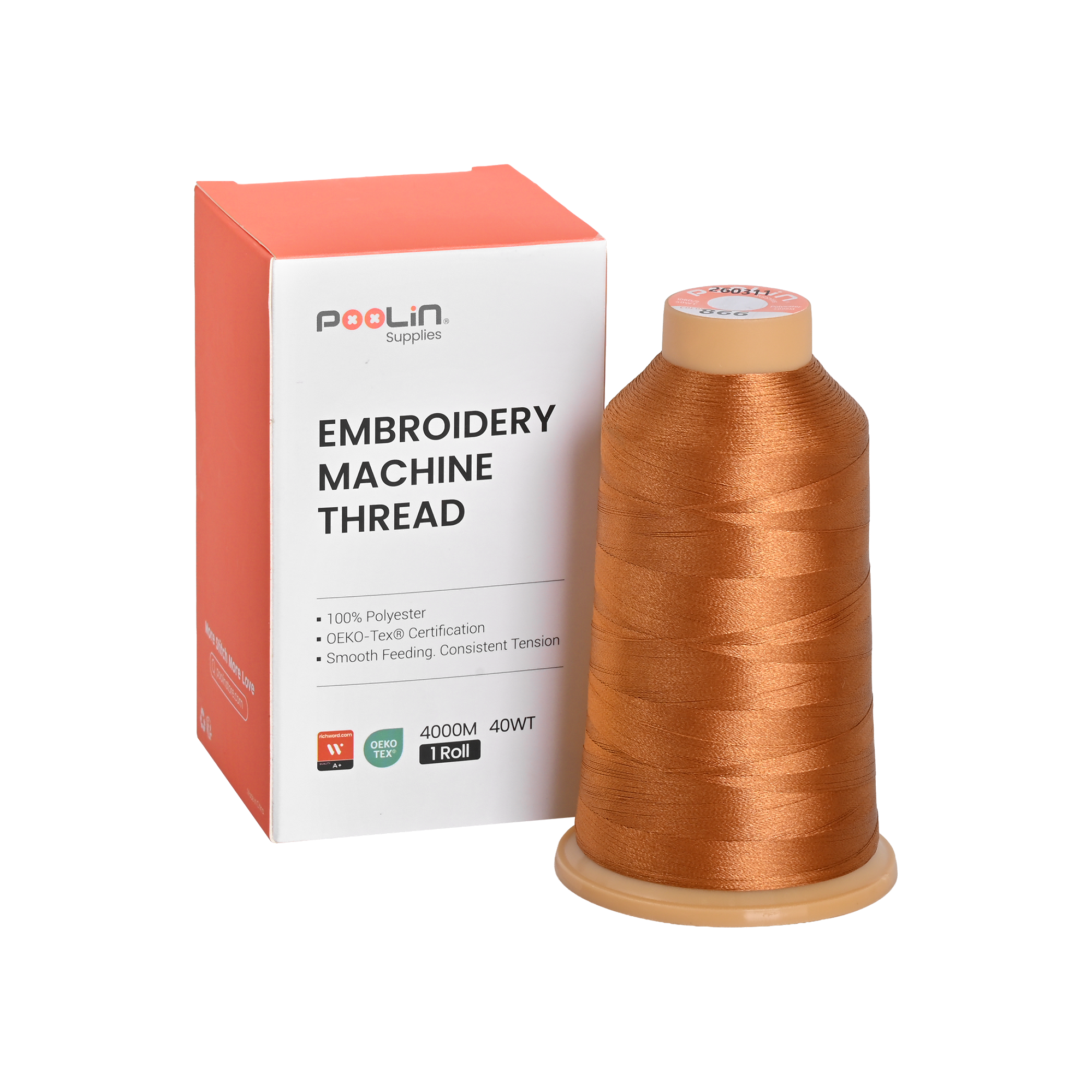PooLin Polyester Embroidery Thread, 4000m 108D/2 40WT, Color 866 Copper Brown