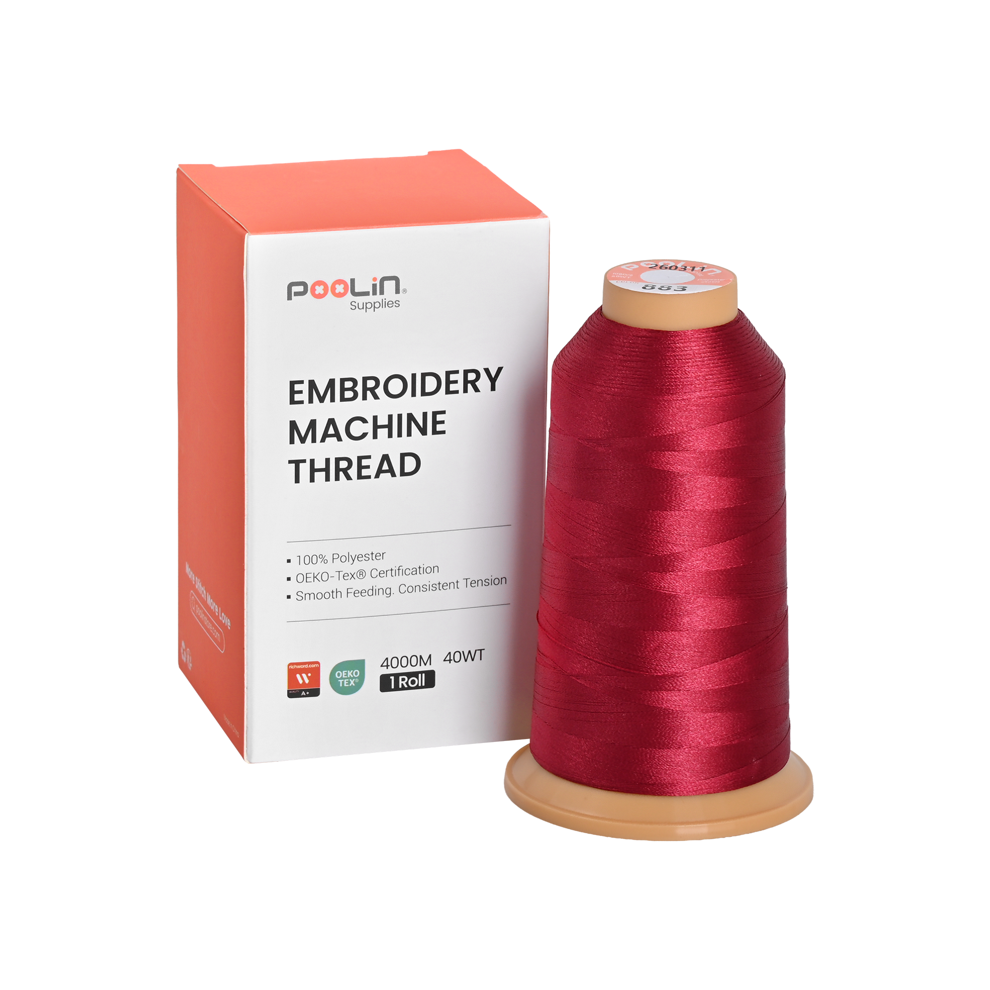 PooLin Polyester Embroidery Thread, 4000m 108D/2 40WT, Color 883 Burgundy