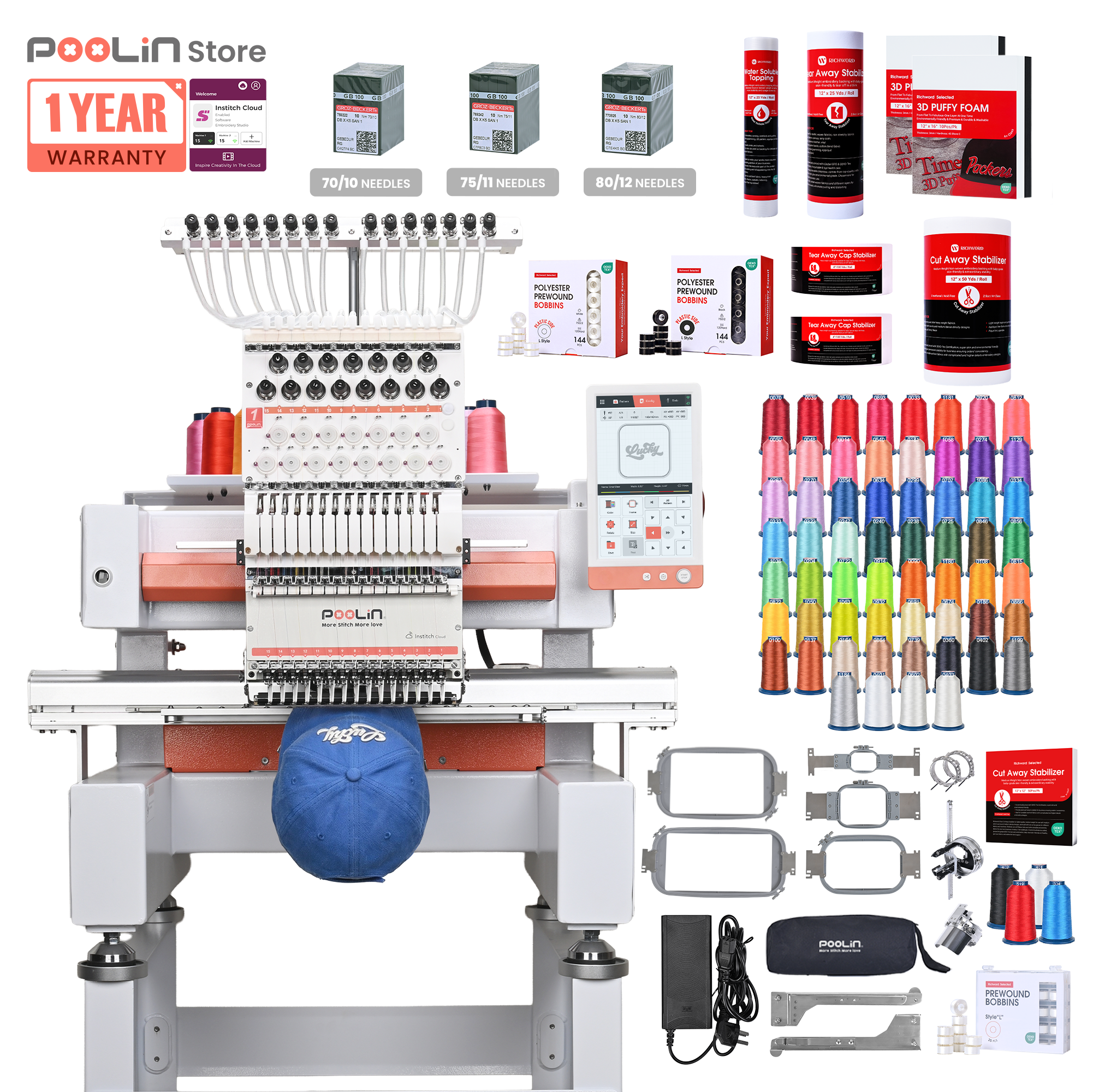 PooLin EOV 15-Needle Commercial Embroidery Machine Built for Hats. Made for More.