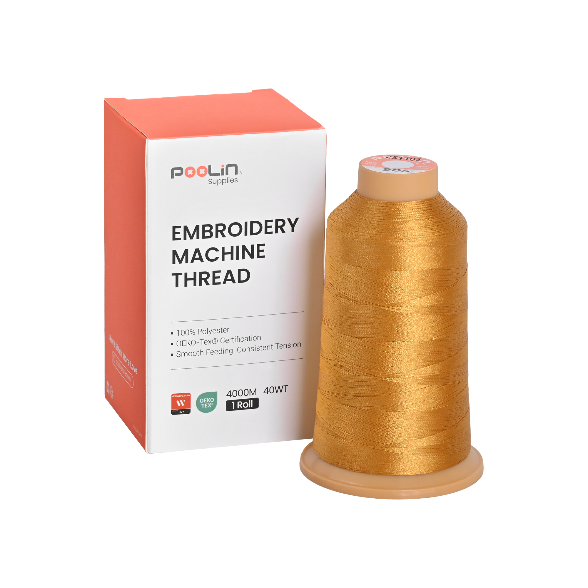 PooLin Polyester Embroidery Thread, 4000m 108D/2 40WT, Color 905 Golden Yellow