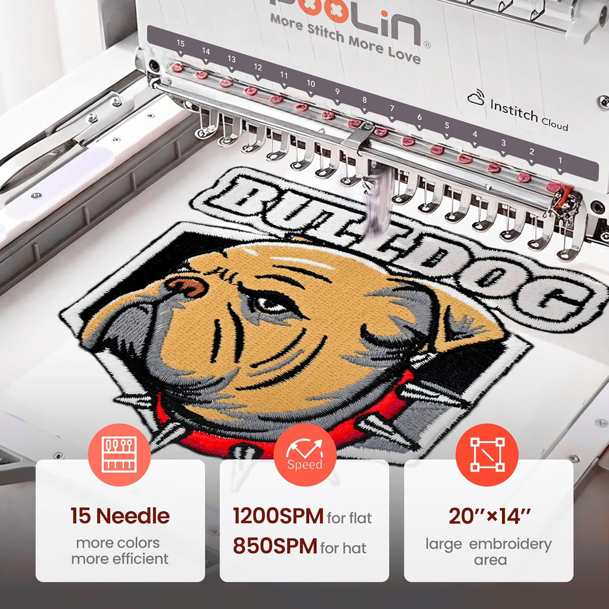 Poolin 15 Needle Commercial Embroidery Machine, 20" x 14" Large Embroidery Area,10" Touchscreen, InStitch OS5 System,270° Cap Embroidery, WiFi & USB, 11 Hoops for Hats, Shirts, Patches and Shoes