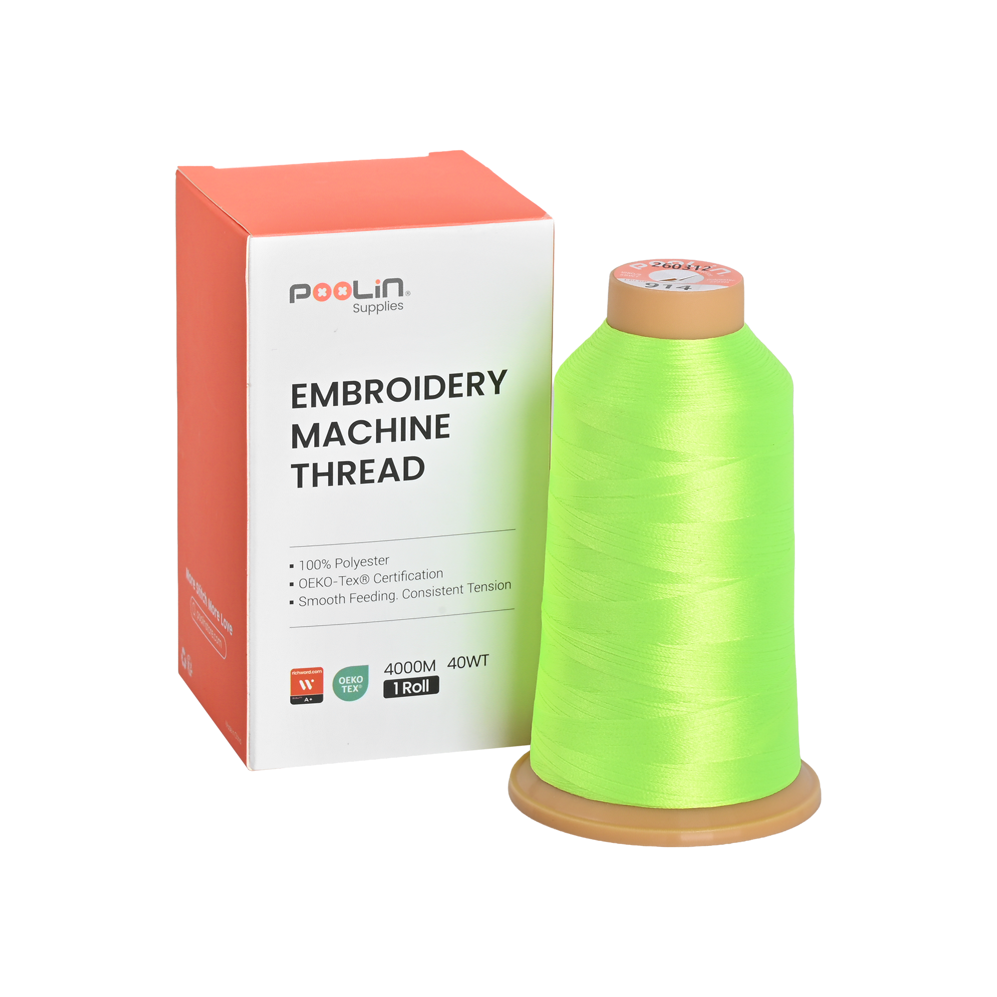 PooLin Polyester Embroidery Thread, 4000m 108D/2 40WT, Color 914 Neon Lime Green
