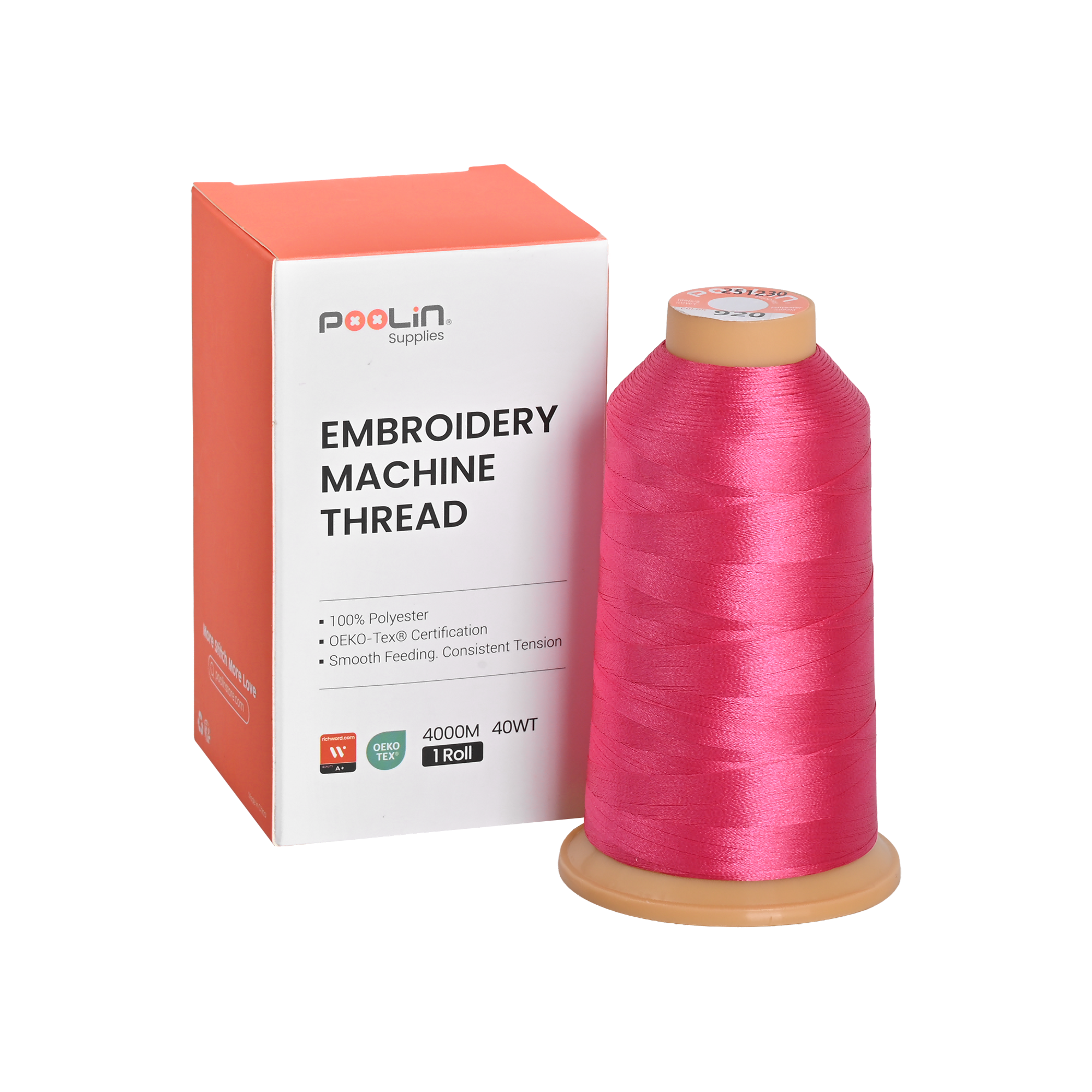 PooLin Polyester Embroidery Thread, 4000m 108D/2 40WT, Color 920 Bright Pink