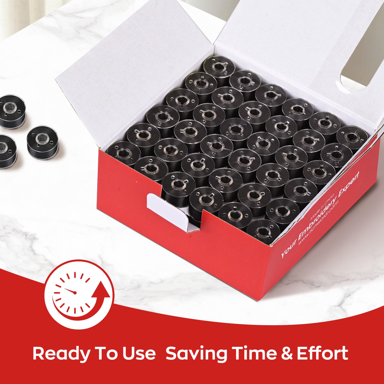 Prewound Embroidery Bobbins – Style A, 75D/2 (60WT), Black, Plastic Sides, 144 Pcs
