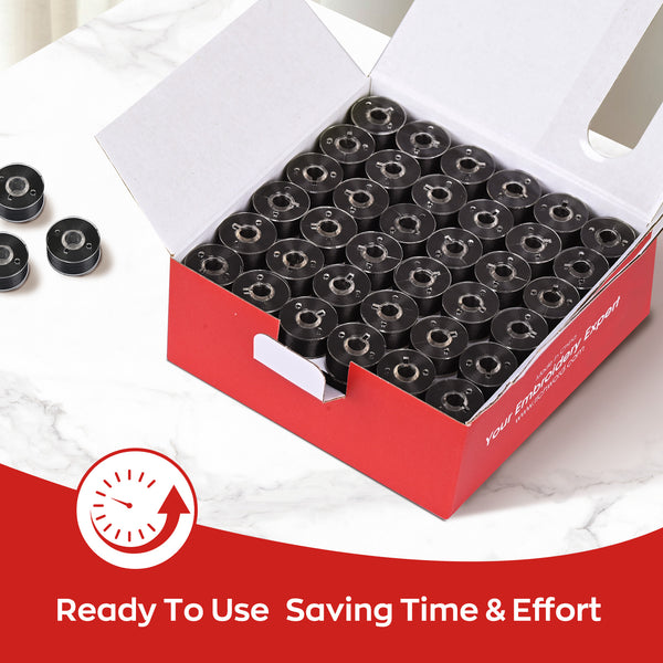 PooLin Style L Prewound Embroidery Bobbins, Plastic-Sided, Black, 70D/2 (60WT), 144-Pack