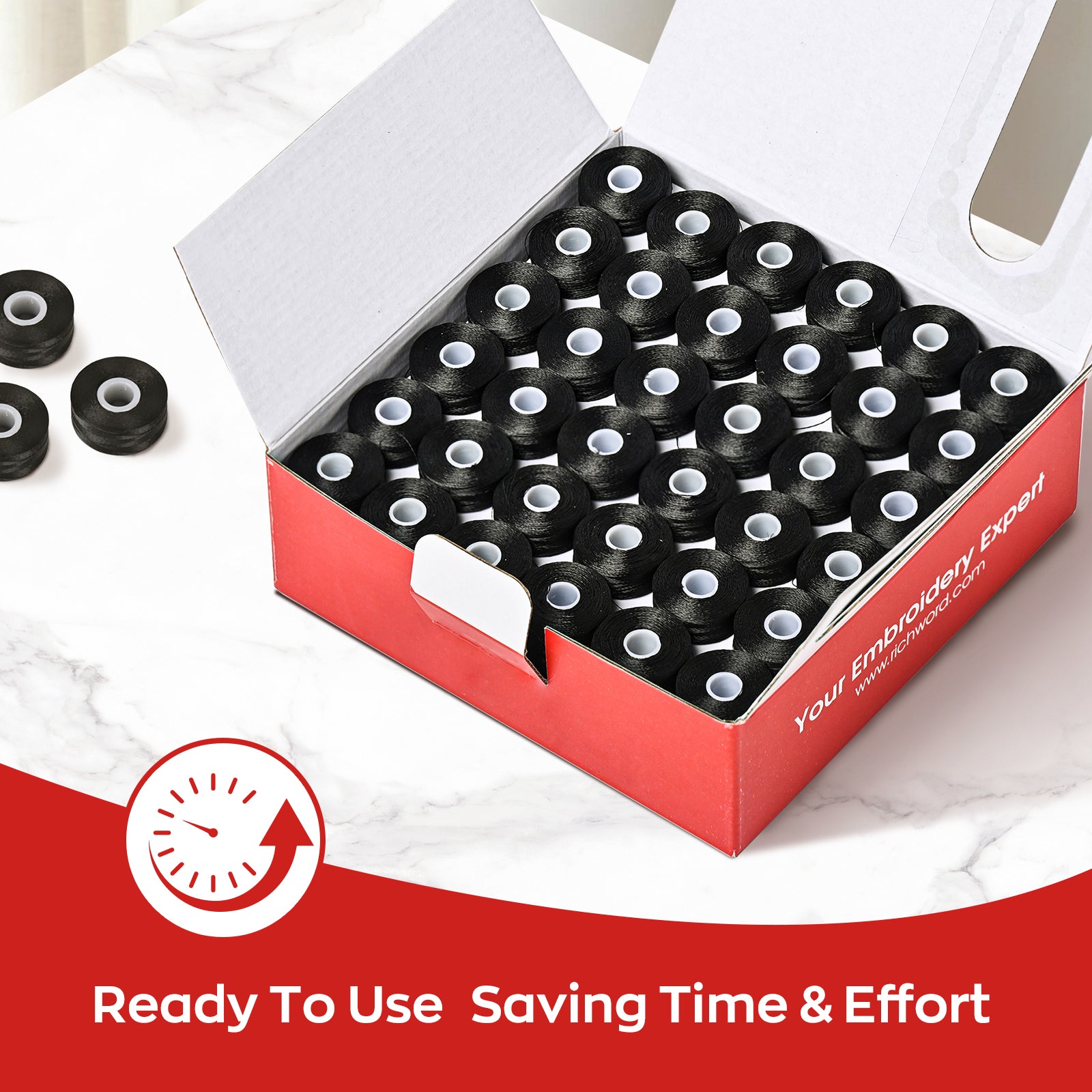 Prewound Embroidery Bobbins – Style L, 75D/2 (60WT), Black, Sideless, 144 Pcs