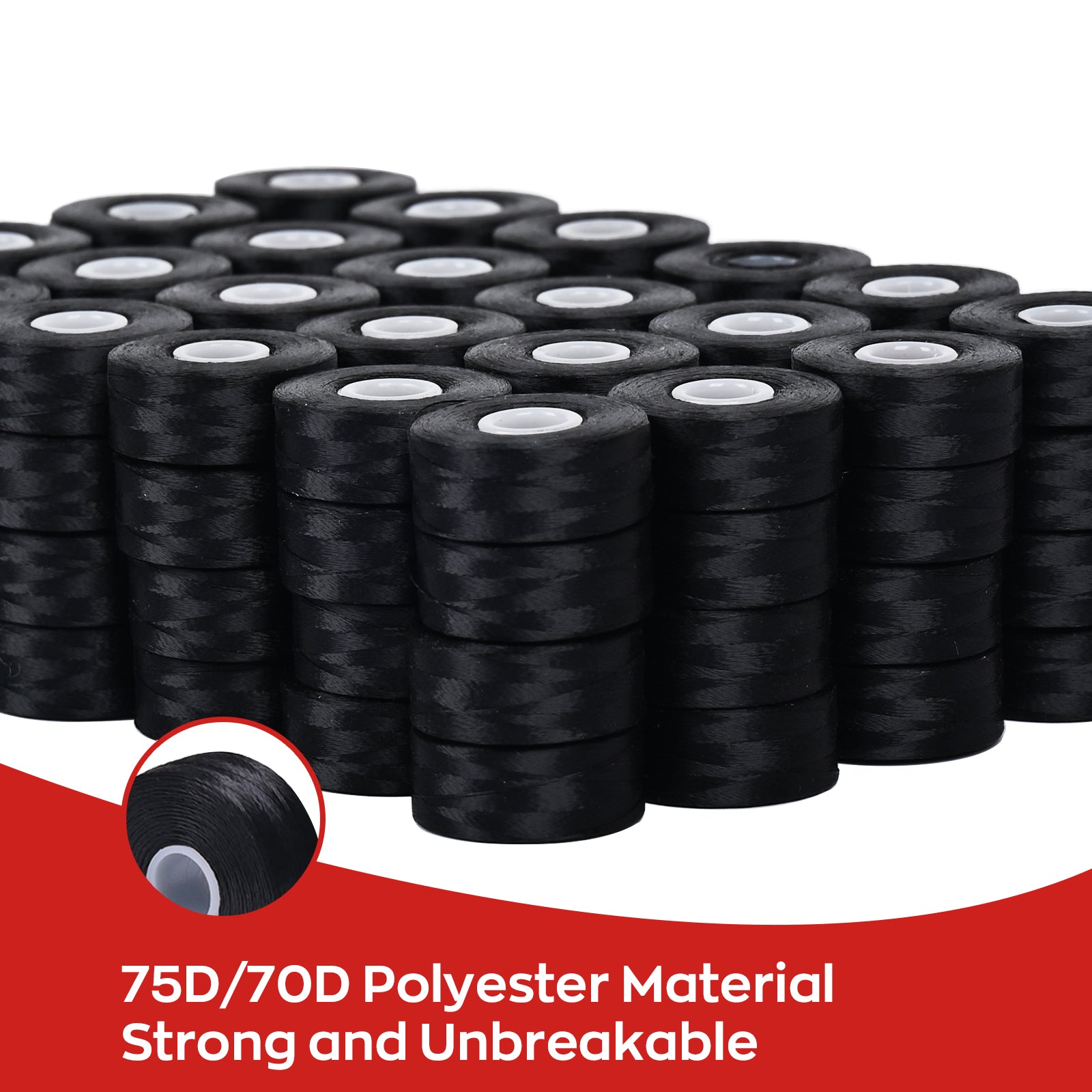 Prewound Embroidery Bobbins – Style L, 75D/2 (60WT), Black, Sideless, 144 Pcs