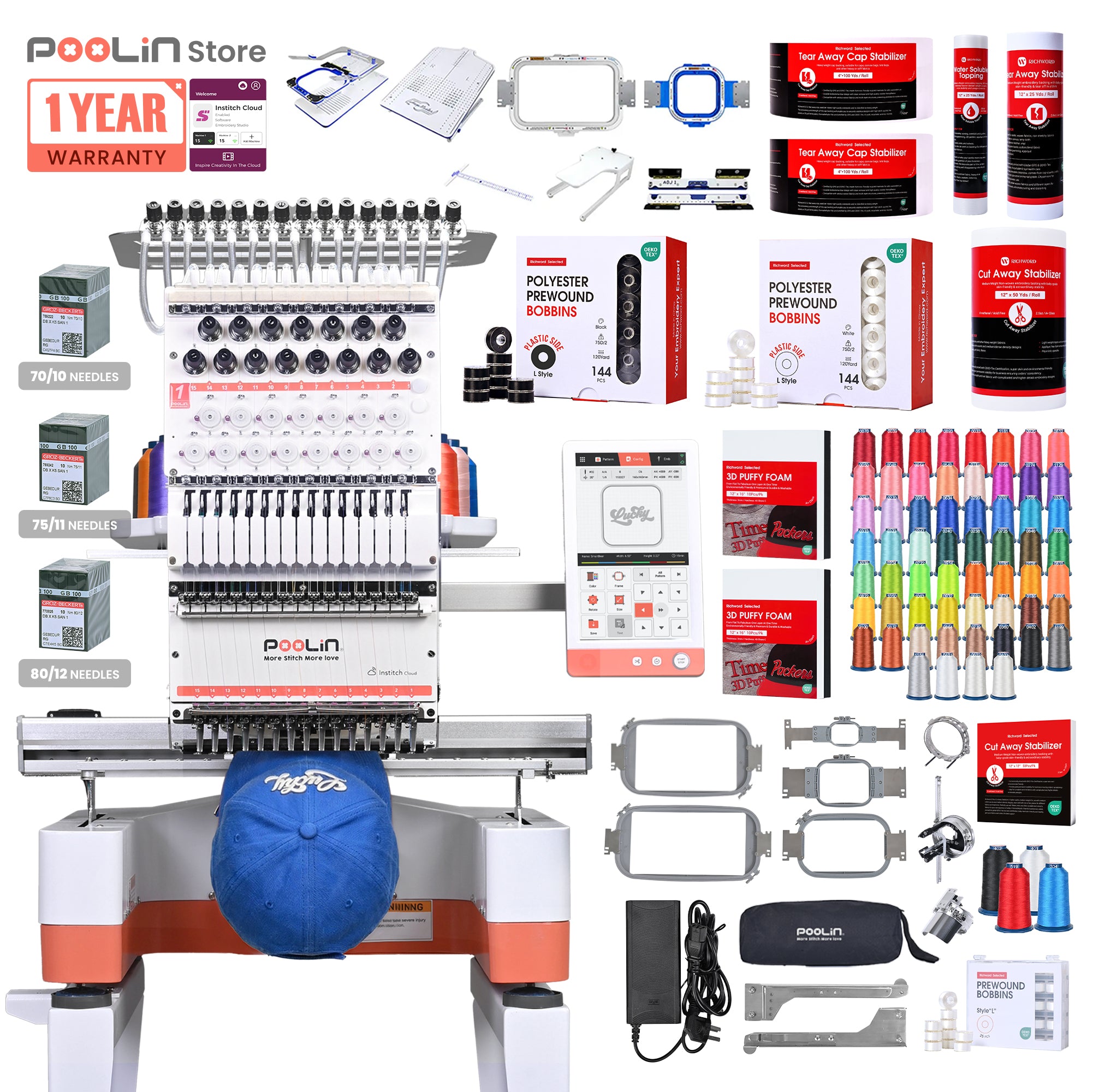 PooLin EOM Commercial Embroidery Machine 15-Needle Upgrade, Designed for Beginners
