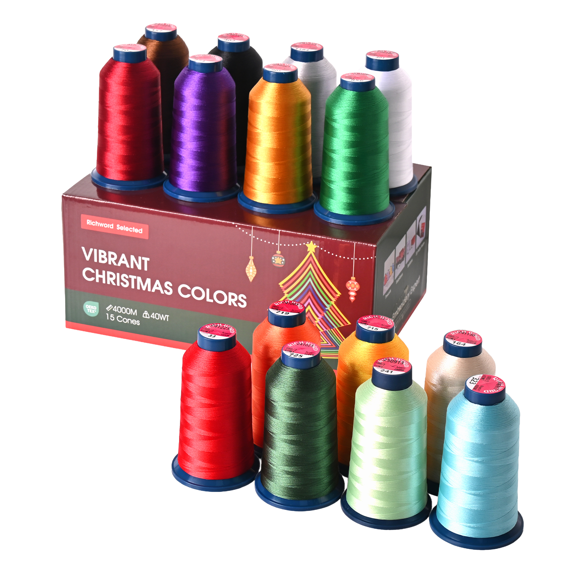 PooLin Christmas Embroidery Thread Set, 15 Colors, 4000m 108D/2 40WT Polyester Thread