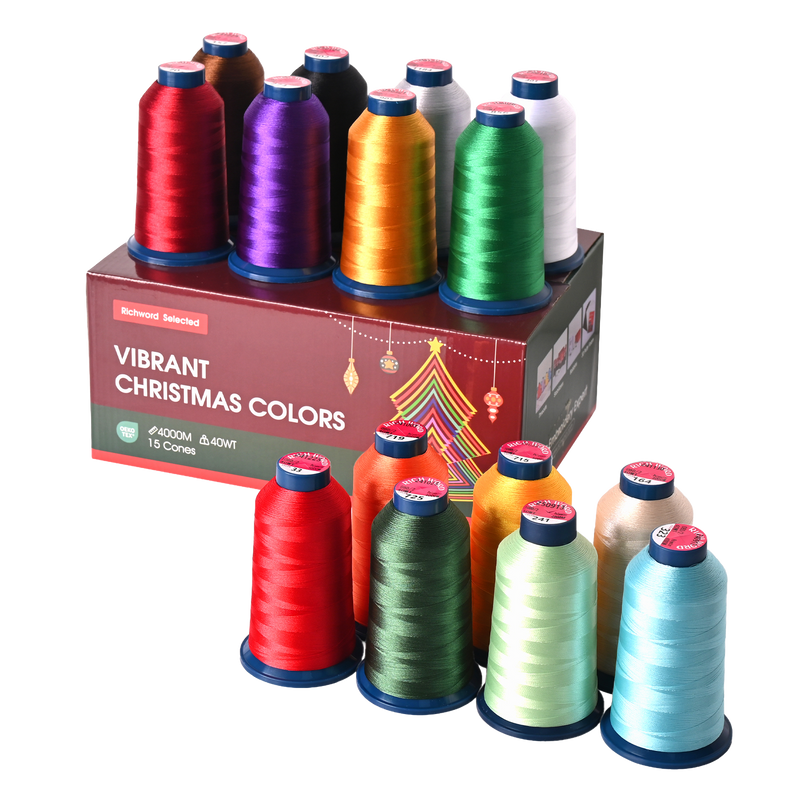 PooLin Christmas Embroidery Thread Set, 15 Colors, 4000m 108D/2 40WT Polyester Thread